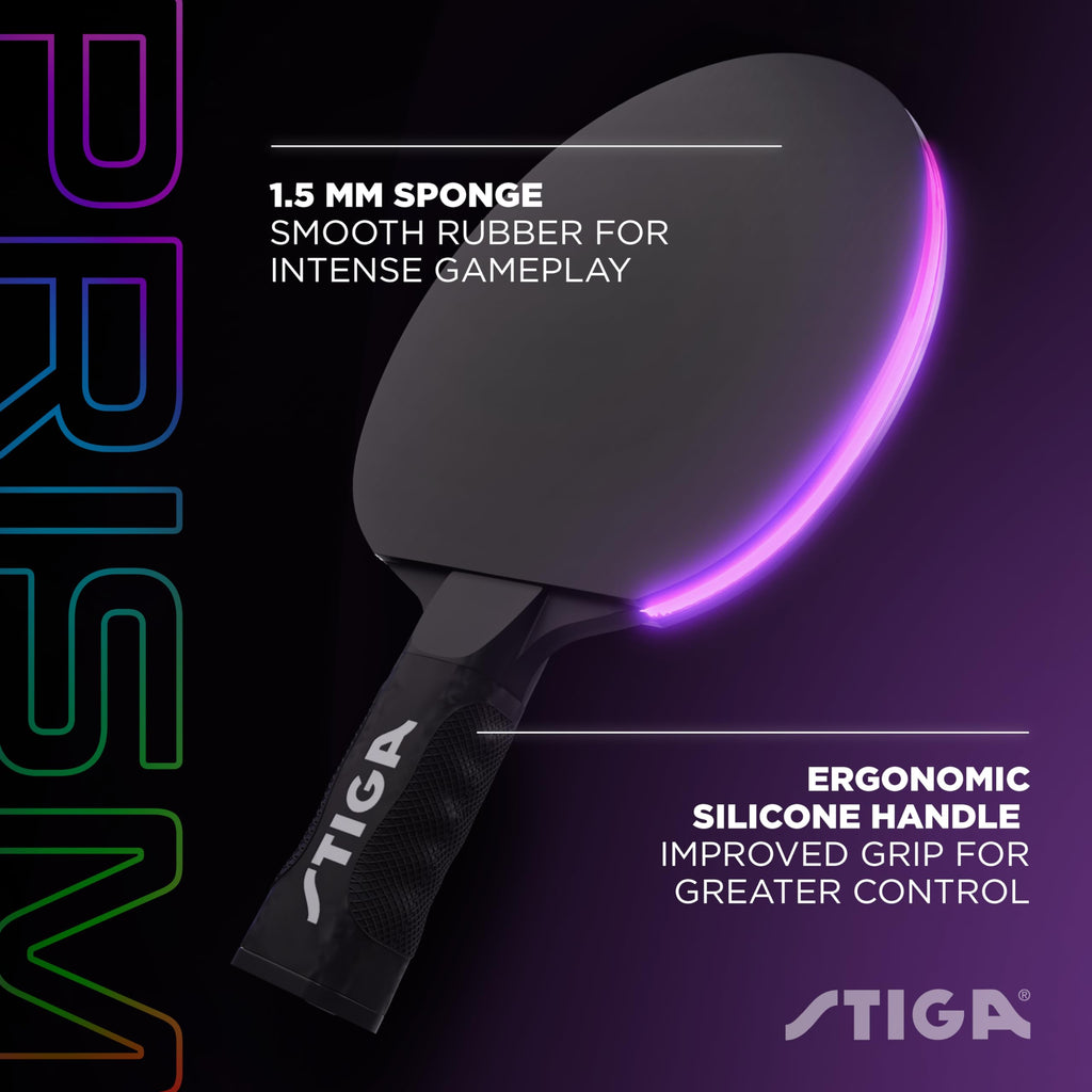 Stiga Prism Led Ping Pong Paddle - 5 Led Color Cycles - Color Gradient Mode - Includes 3 Glow-In-The-Dark Balls - 1.5Mm Sponge W
