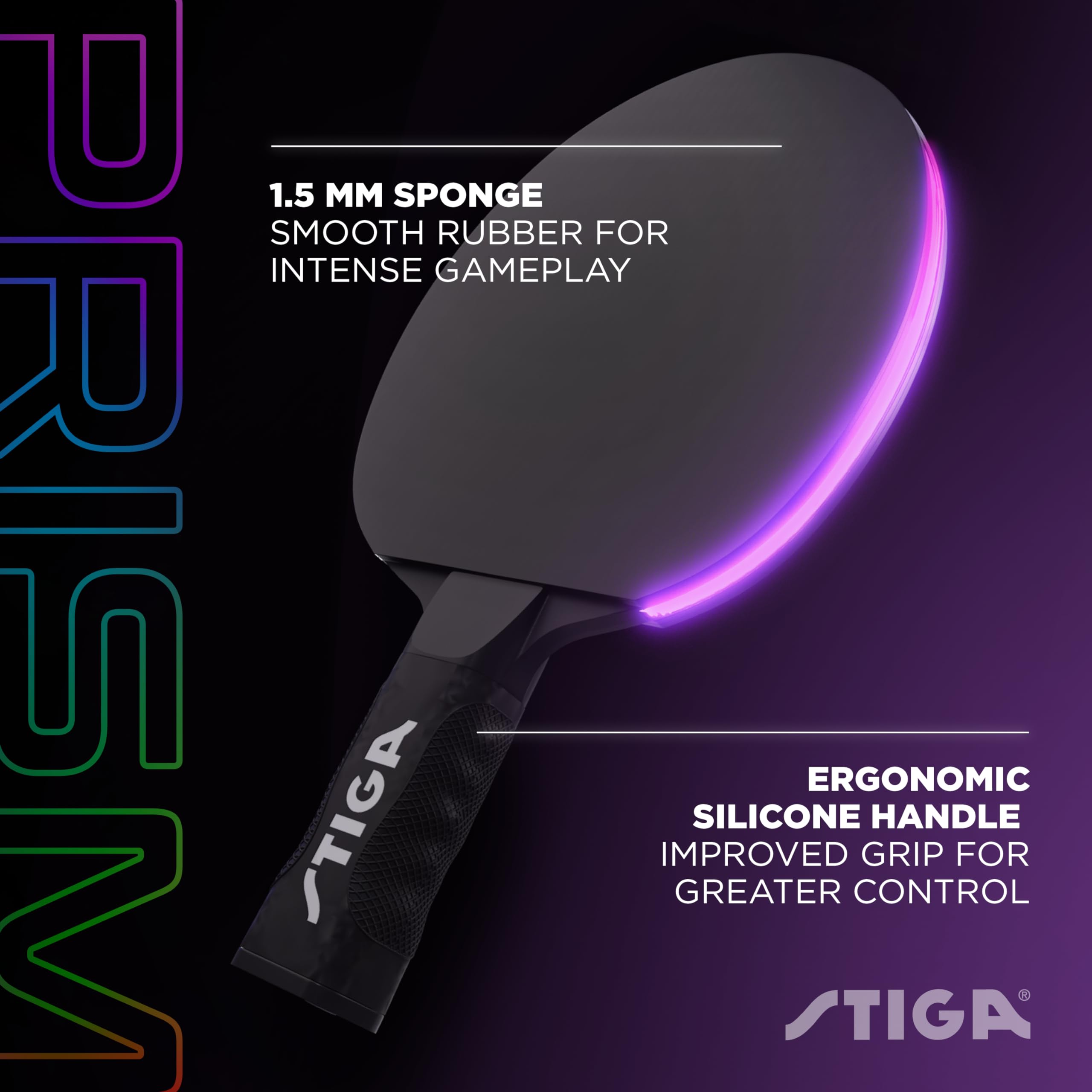 Stiga Prism Led Ping Pong Paddle - 5 Led Color Cycles - Color Gradient Mode - Includes 3 Glow-In-The-Dark Balls - 1.5Mm Sponge W