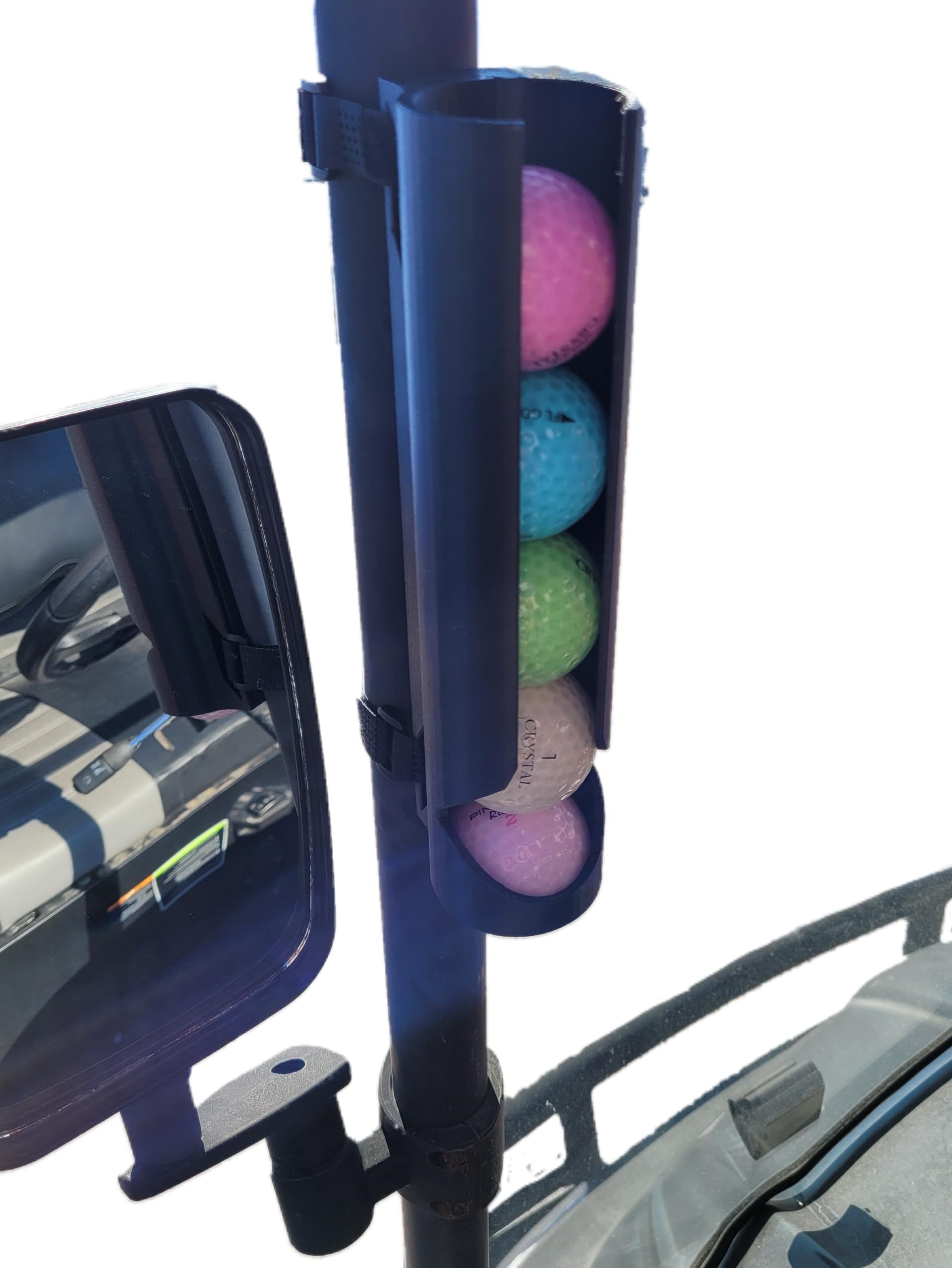 Golf Ball Holder and Dispenser for Golf Cart Front Windshield Strut, Also fits Any Vertical Square or Round Tubing, No Drilling 