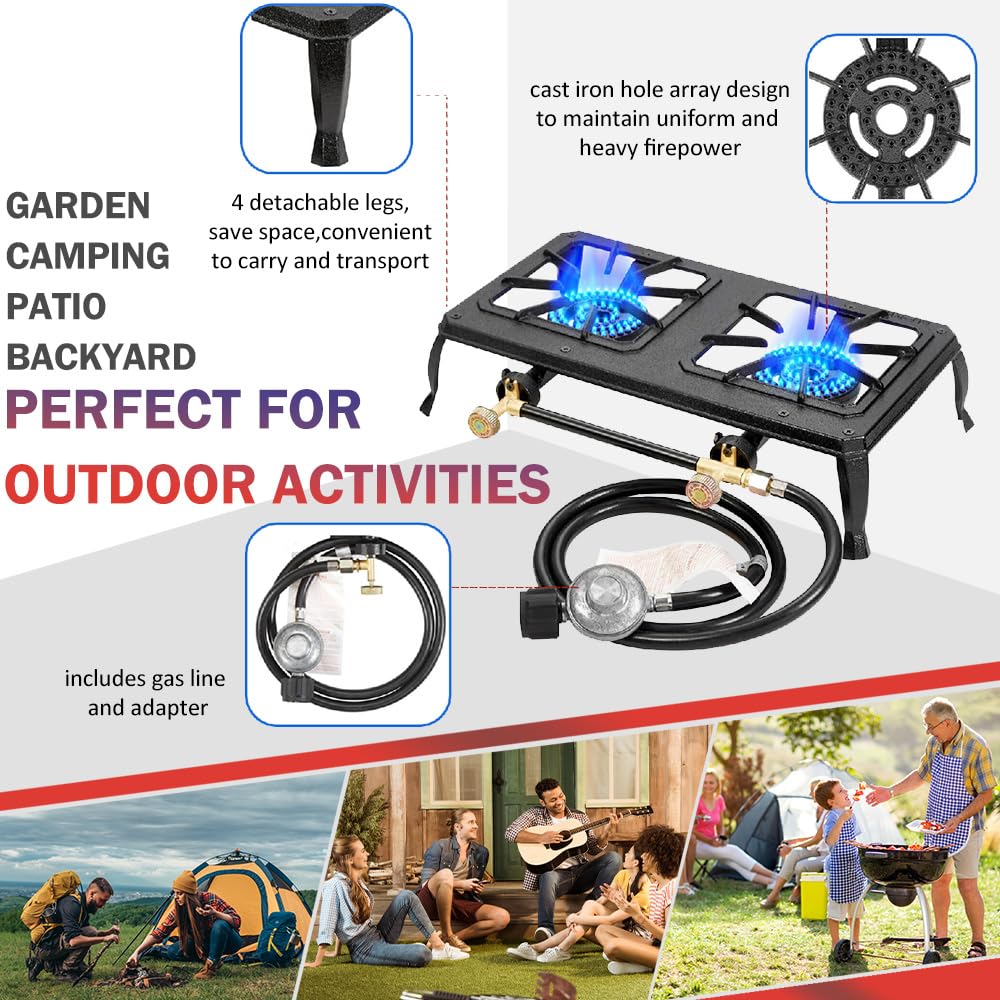 Vivicreate Cast Iron Propane Gas Stove Double Burner Heavy Duty Portable Removable Outdoor Cooker 200Lb Support High Heat For Ca