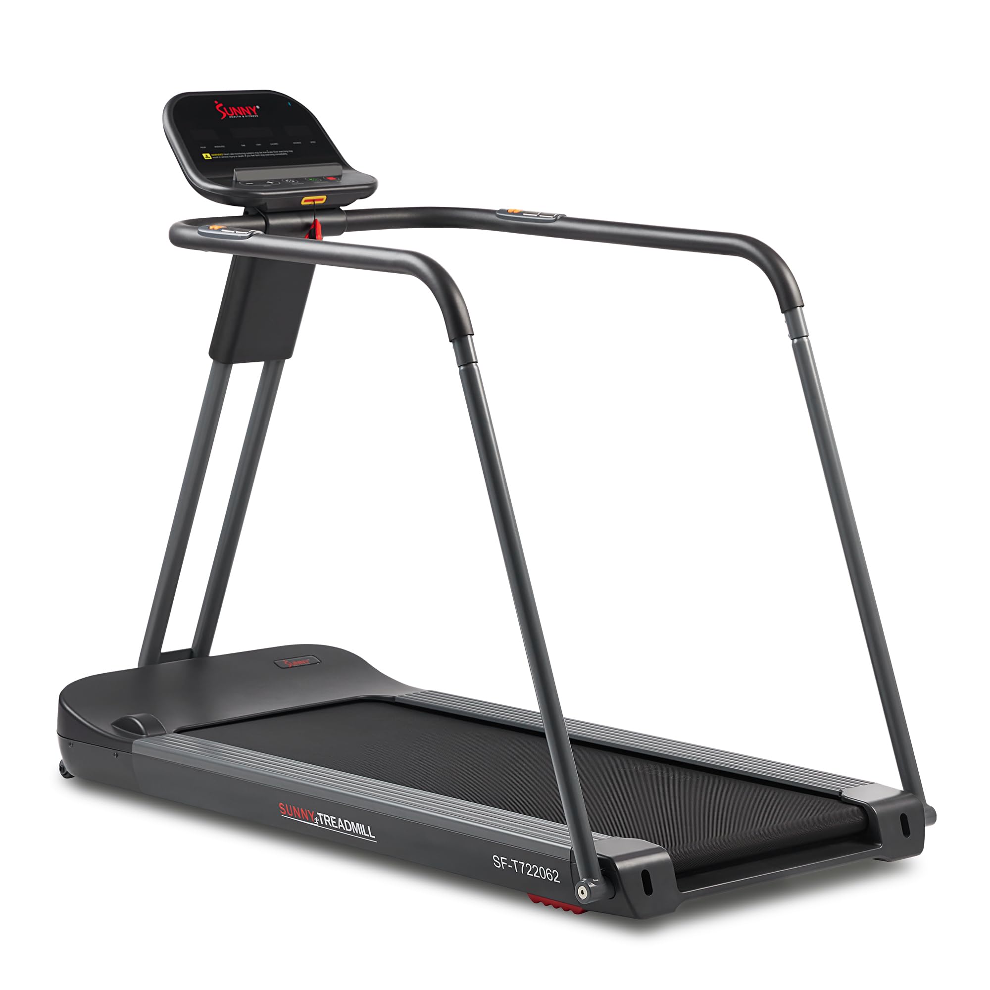 Sunny Health & Fitness Endurance Cardio Running Walking Treadmill with Extended Safety Handrails, Low-Impact, Low Wide Deck and 