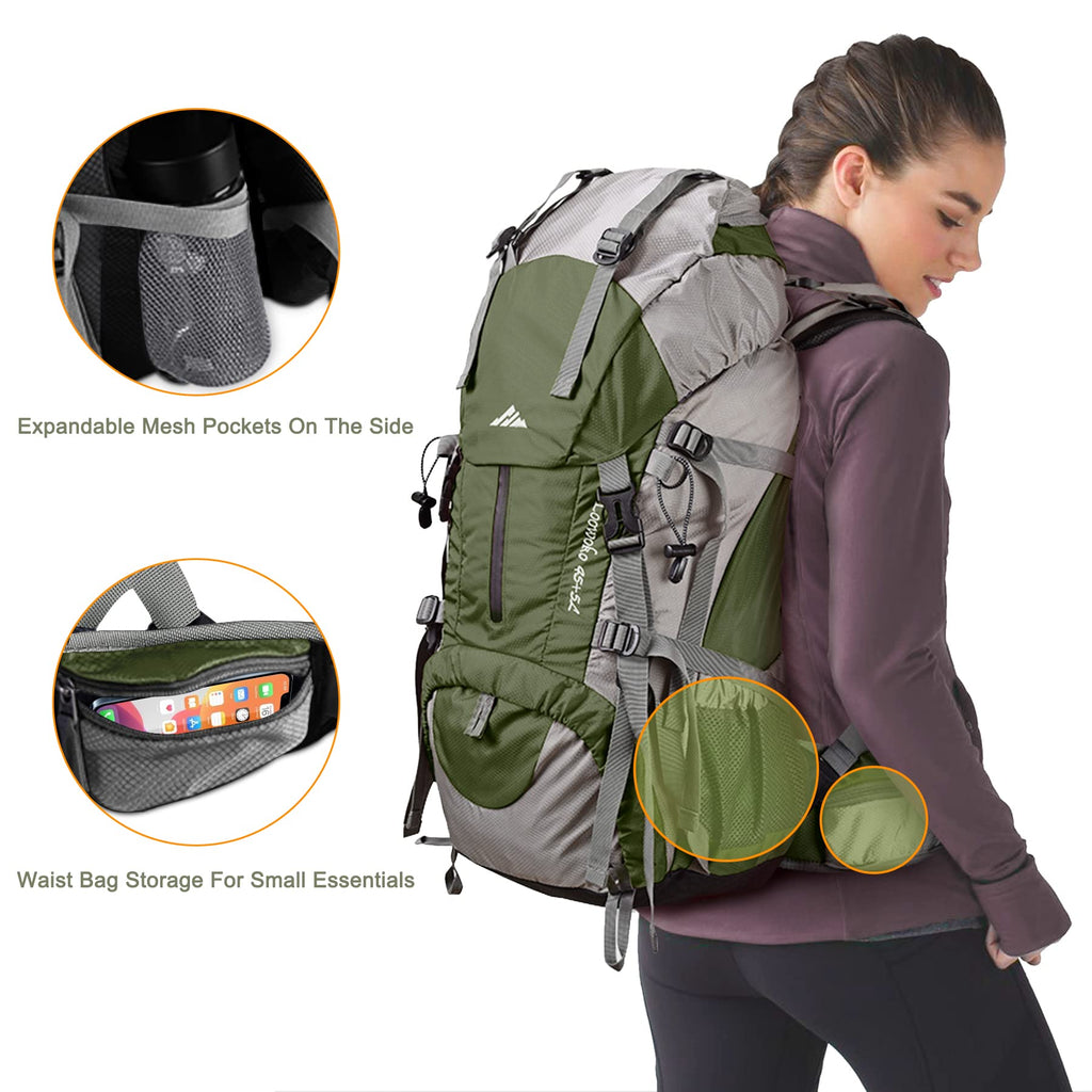 Loowoko 50L Hiking Backpack, Waterproof Camping Essentials Bag With Rain Cover, 45+5 Liter Lightweight Backpacking Back Pack