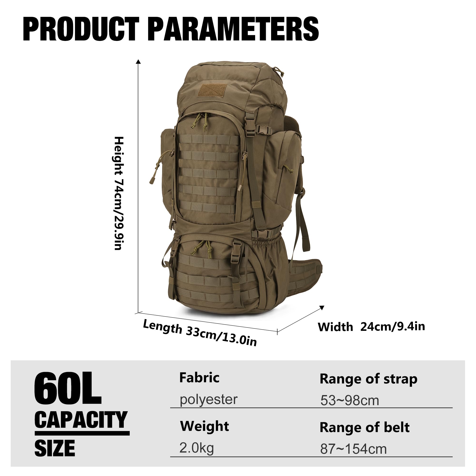 Mardingtop 60L Molle Hiking Internal Frame Backpacks With Rain Cover For Camping,Backpacking,Travelling(Khaki)