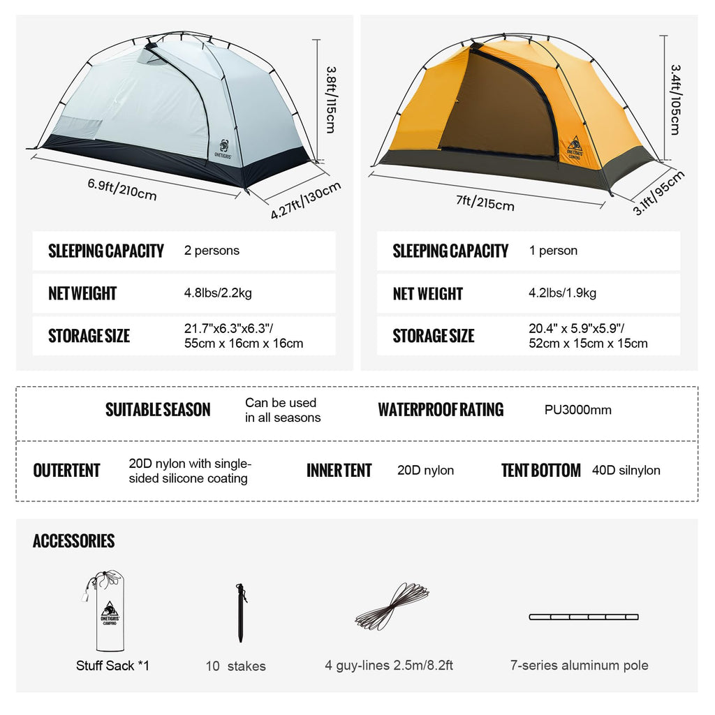Onetigris Stella 4 Season Camping Tent Backpacking 1 Person Waterproof Lightweight Easy Setup Instant 3000Mm Waterproof Rating O
