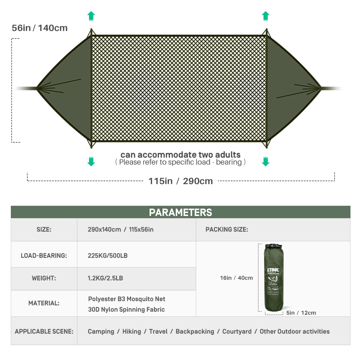 Etrol Camping Hammock With Mosquito Net,3 In 1 Function Parachute Portable Hammock,Double & Single Hammocks Tent For Travel Outd