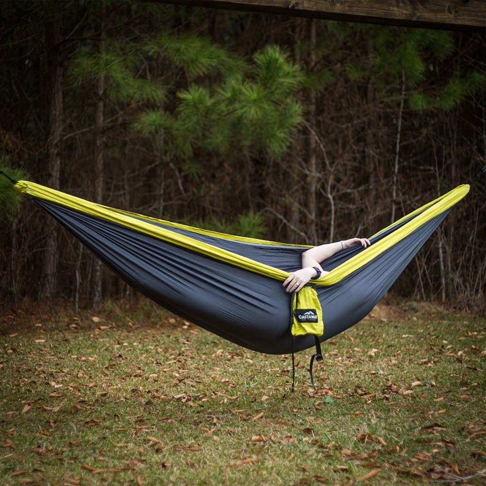 Castaway Travel Hammocks Double Lime/Charcoal Camping Hammock With 2 Tree Straps, Triple Stitched Durable Nylon Material, Compac