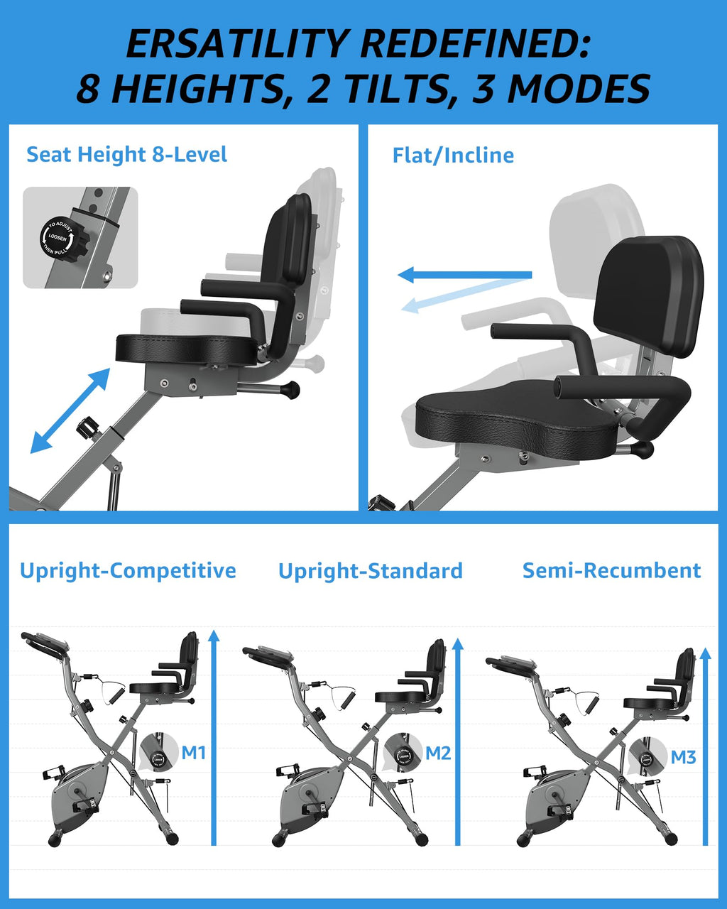 Foldable Exercise Bike Stationary Bikes for Home, 5 IN 1 Indoor Workout Bike for Seniors, with 16-Level Quiet Magnetic Resistanc