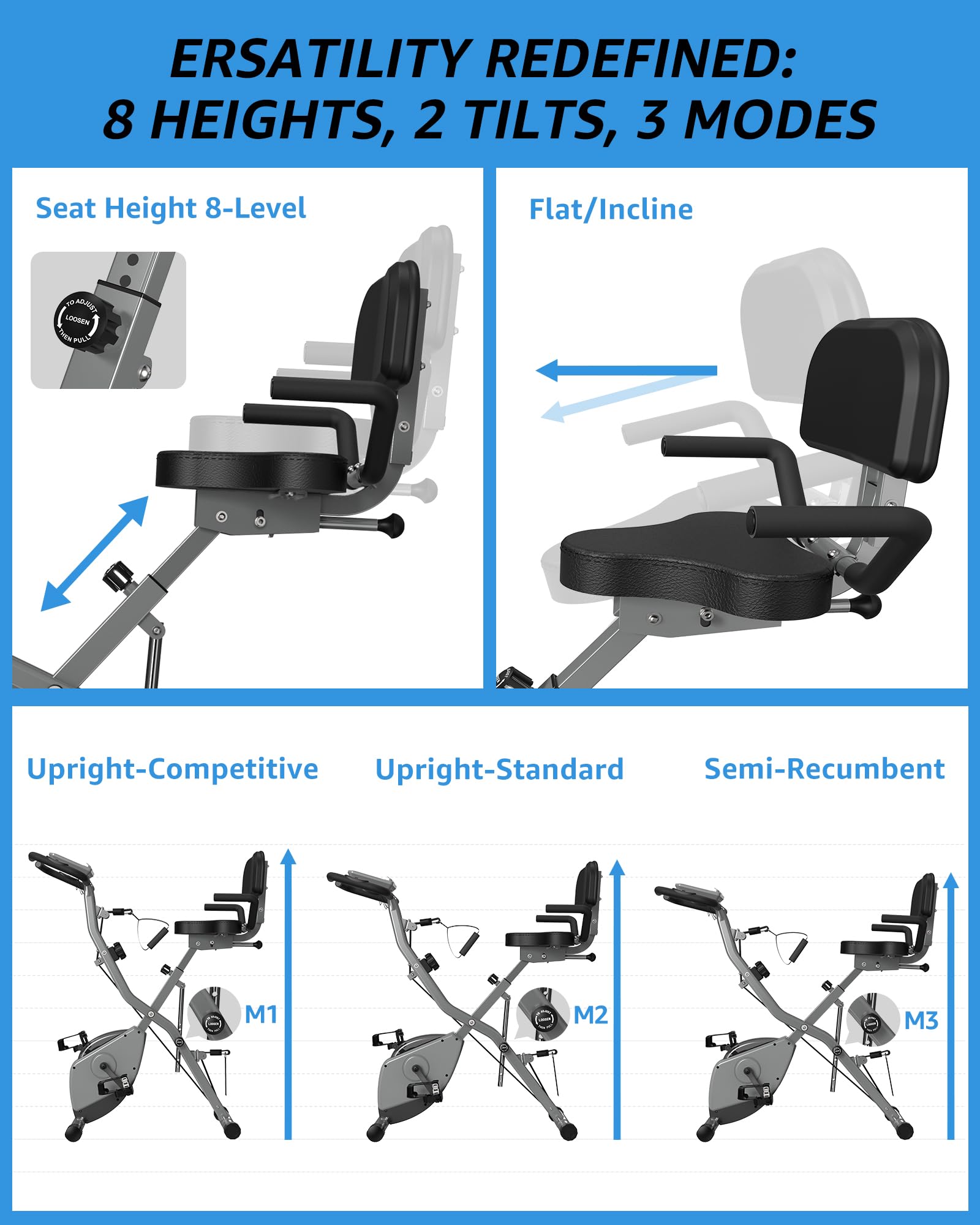 Foldable Exercise Bike Stationary Bikes for Home, 5 IN 1 Indoor Workout Bike for Seniors, with 16-Level Quiet Magnetic Resistanc