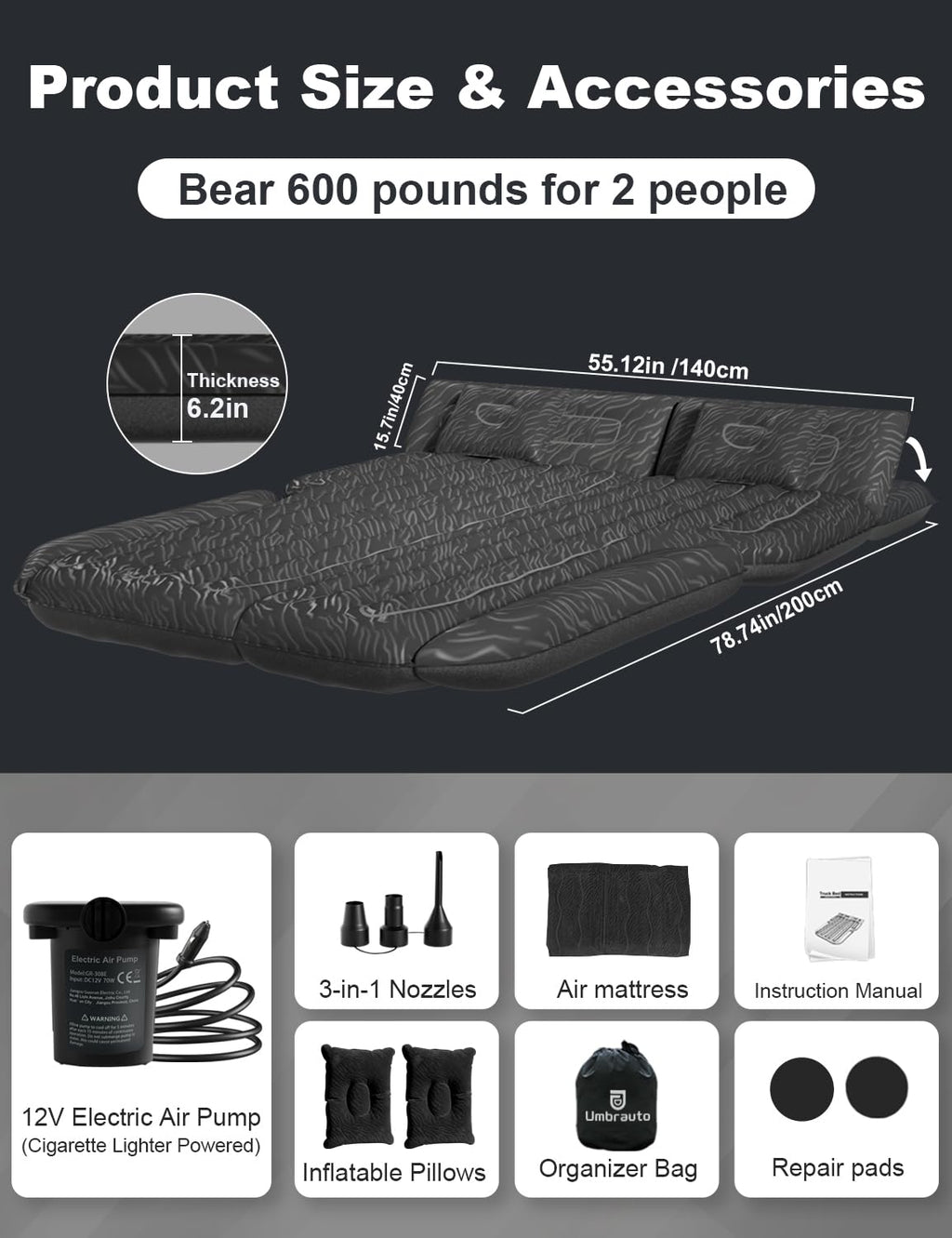 Umbrauto Suv Air Mattress For Car Camping, Leakproof & Quick Inflation Sleeping Airbed With Electric Pump, Fits Most Compact, Mi