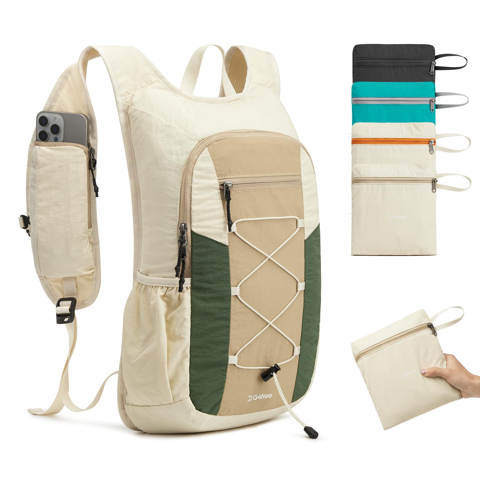 G4Free 20L Hiking Backpack Lightweight Daypack with Phone Pocket Small Packable Foldable Hiking Bag for Women Men, Green+Beige