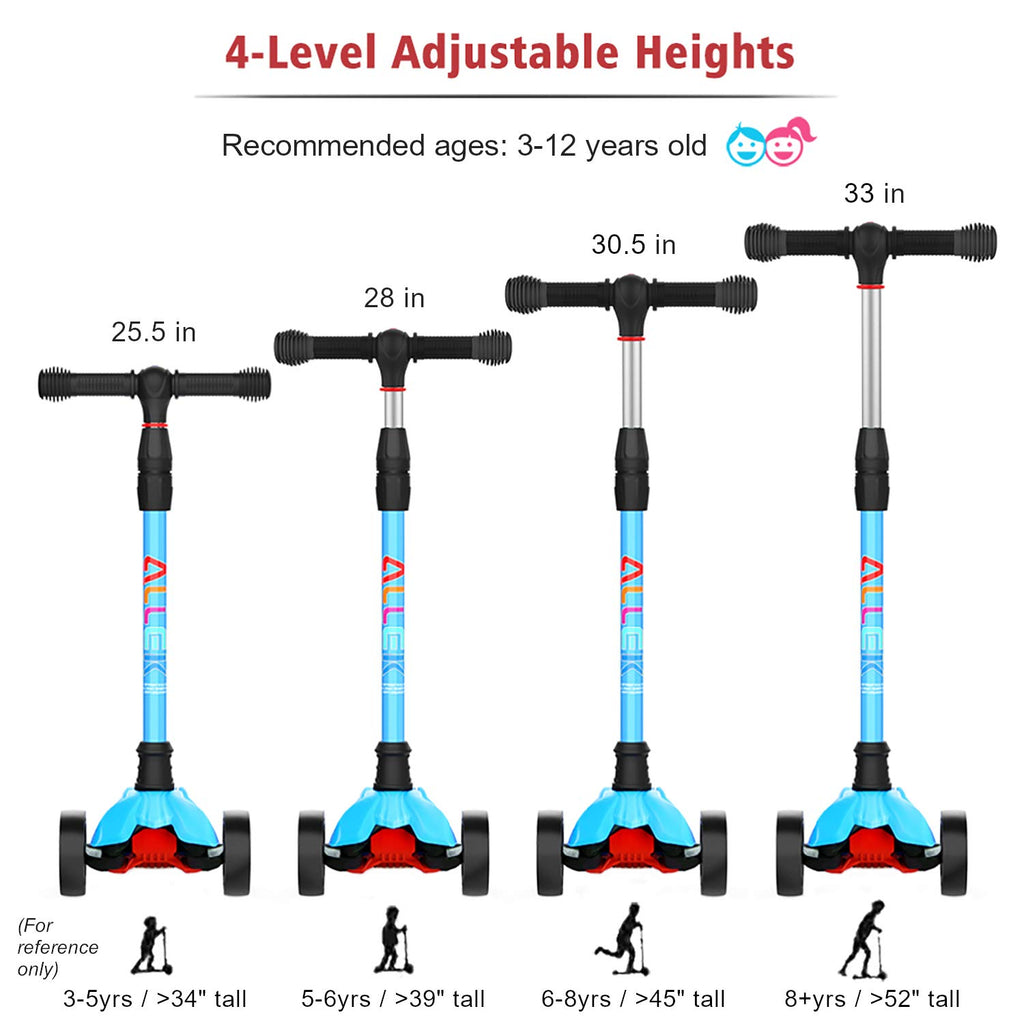 Allek Kick Scooter B02, Lean N Glide Scooter with Extra Wide PU Light-Up Wheels and 4 Adjustable Heights for Children from 3-12
