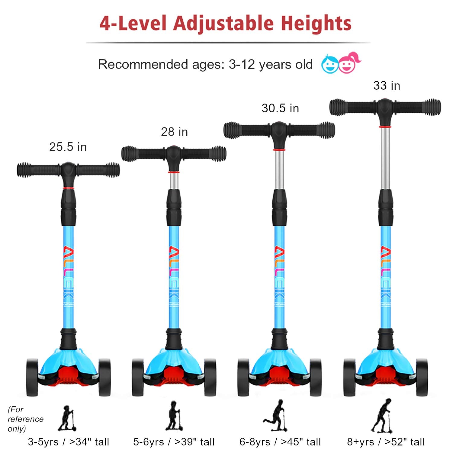 Allek Kick Scooter B02, Lean N Glide Scooter with Extra Wide PU Light-Up Wheels and 4 Adjustable Heights for Children from 3-12