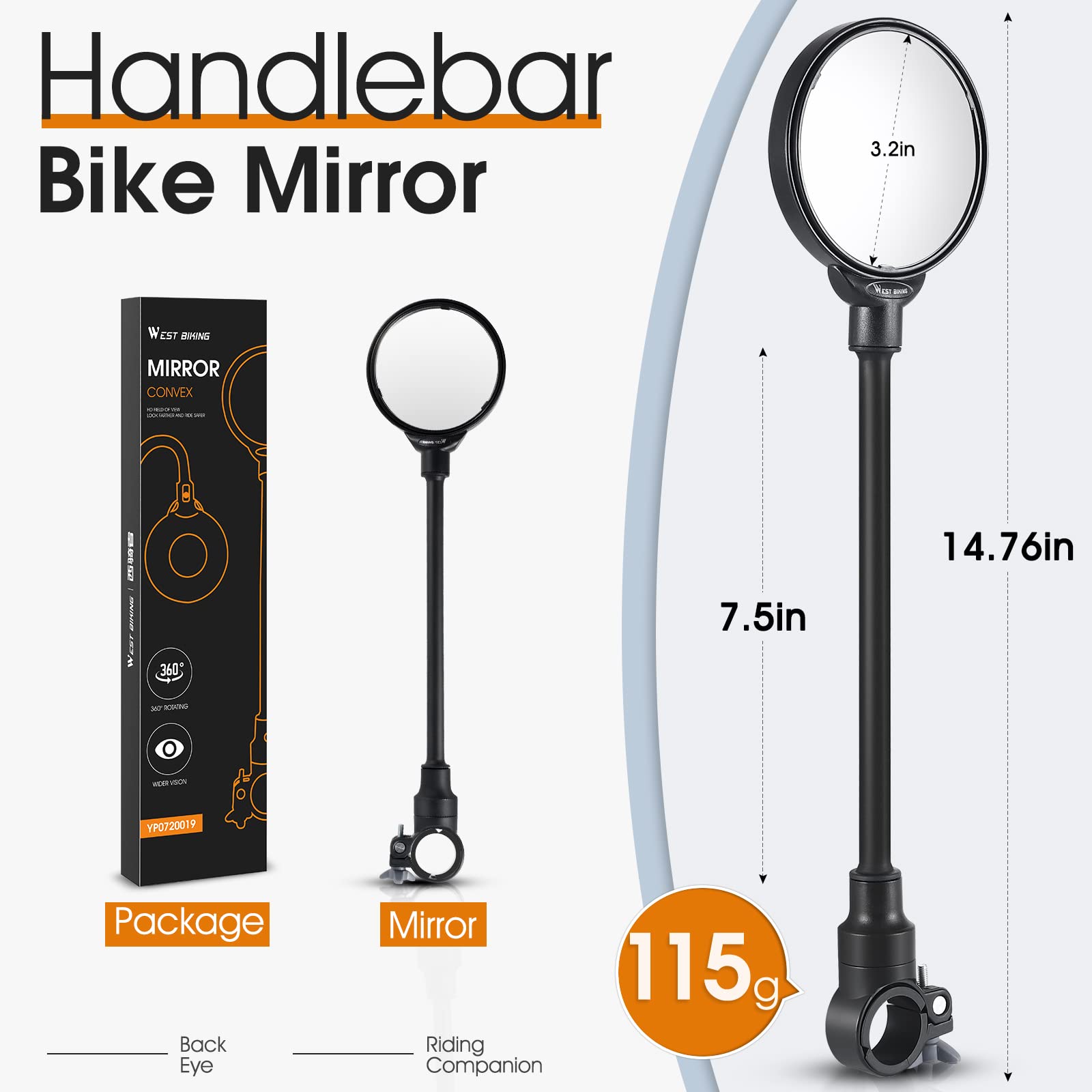 West Biking Bike Mirror Handlebar Mount, Adjustable Rotatable Bicycle Rear View Mirror, Wide Angle Acrylic Convex Safety Mirror