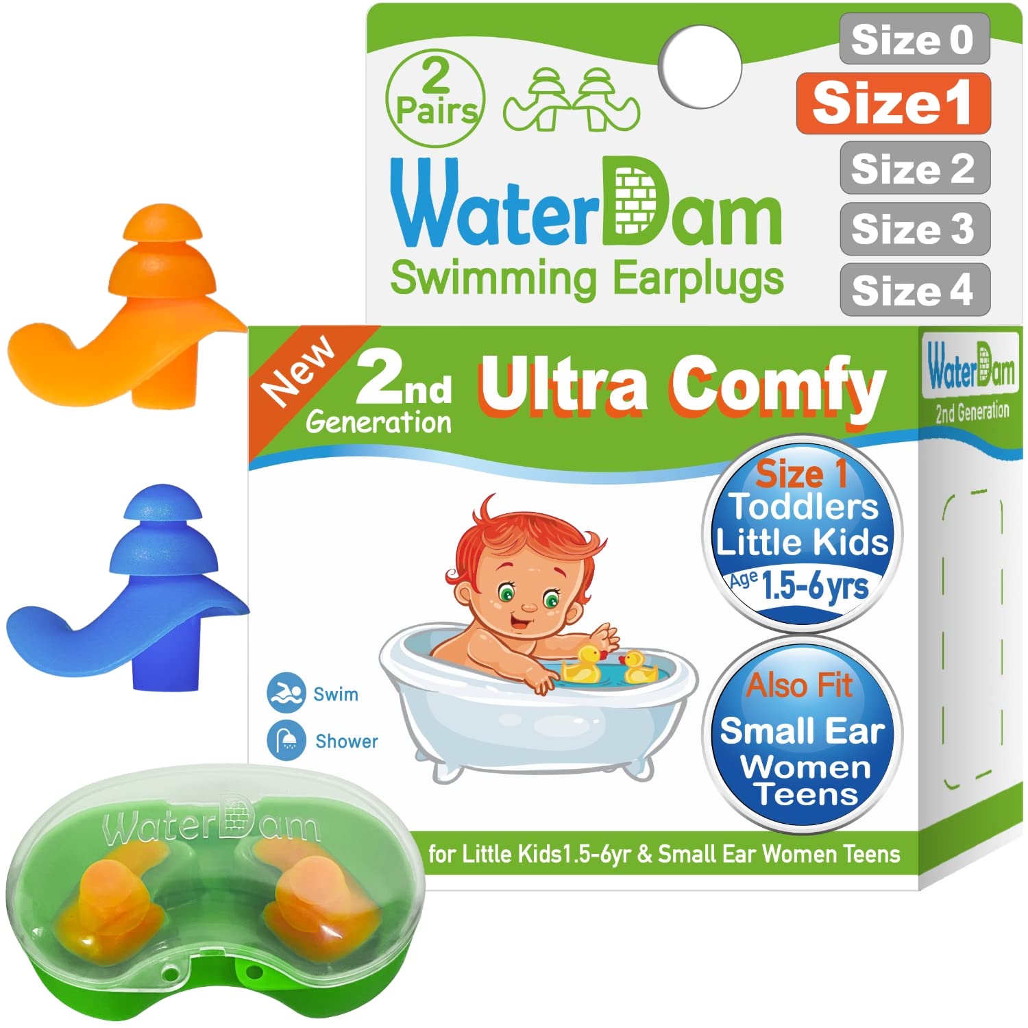 Waterdam Swimming Ear Plugs Great Waterproof Ultra Comfy Earplugs Prevent Swimmer'S Ear (Size 1+1: Toddlers & Extrasmall Ear Tee