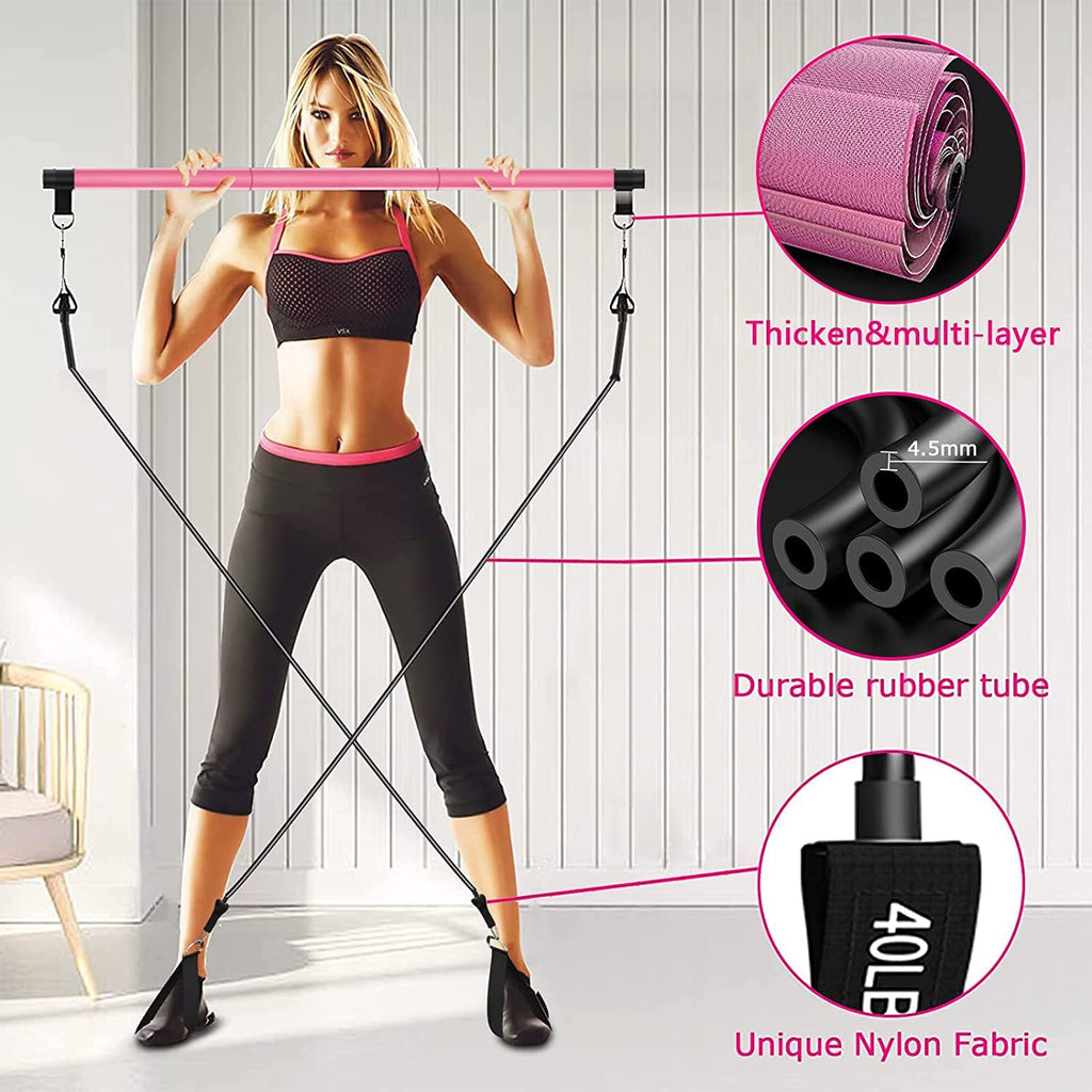 Bbtops Pilates Bar Kit With Resistance Bands(4 X Bands),3-Section Pilates Bar With Stackable Bands Workout Equipment For Legs,Hi