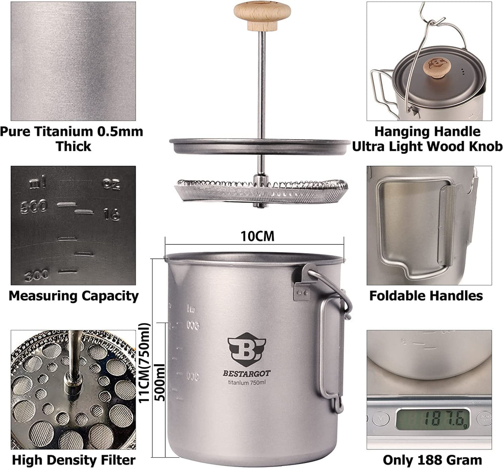 Bestargot Camping Titanium Pot, French Press Coffee Maker, Camp Cooking Pot With Light Wood Knob, 750Ml Camping Cup For Camping