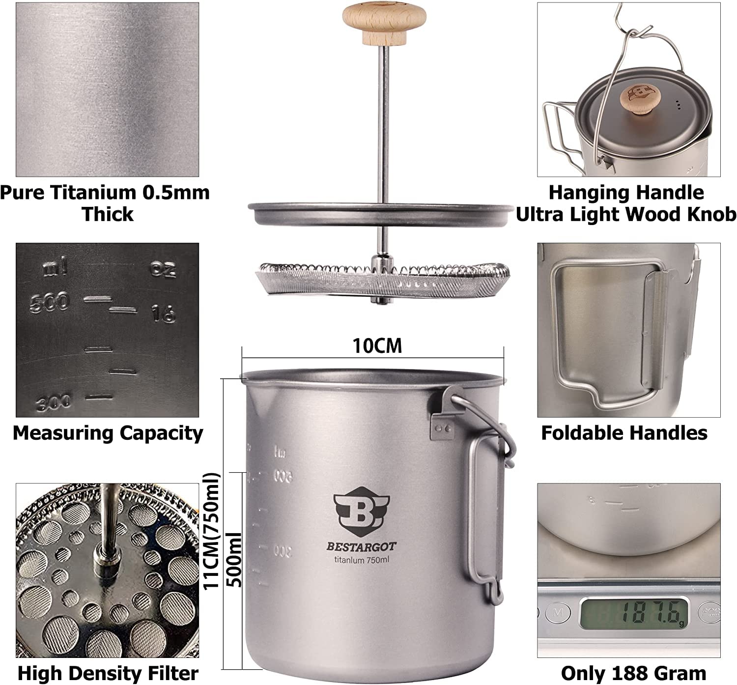 Bestargot Camping Titanium Pot, French Press Coffee Maker, Camp Cooking Pot With Light Wood Knob, 750Ml Camping Cup For Camping