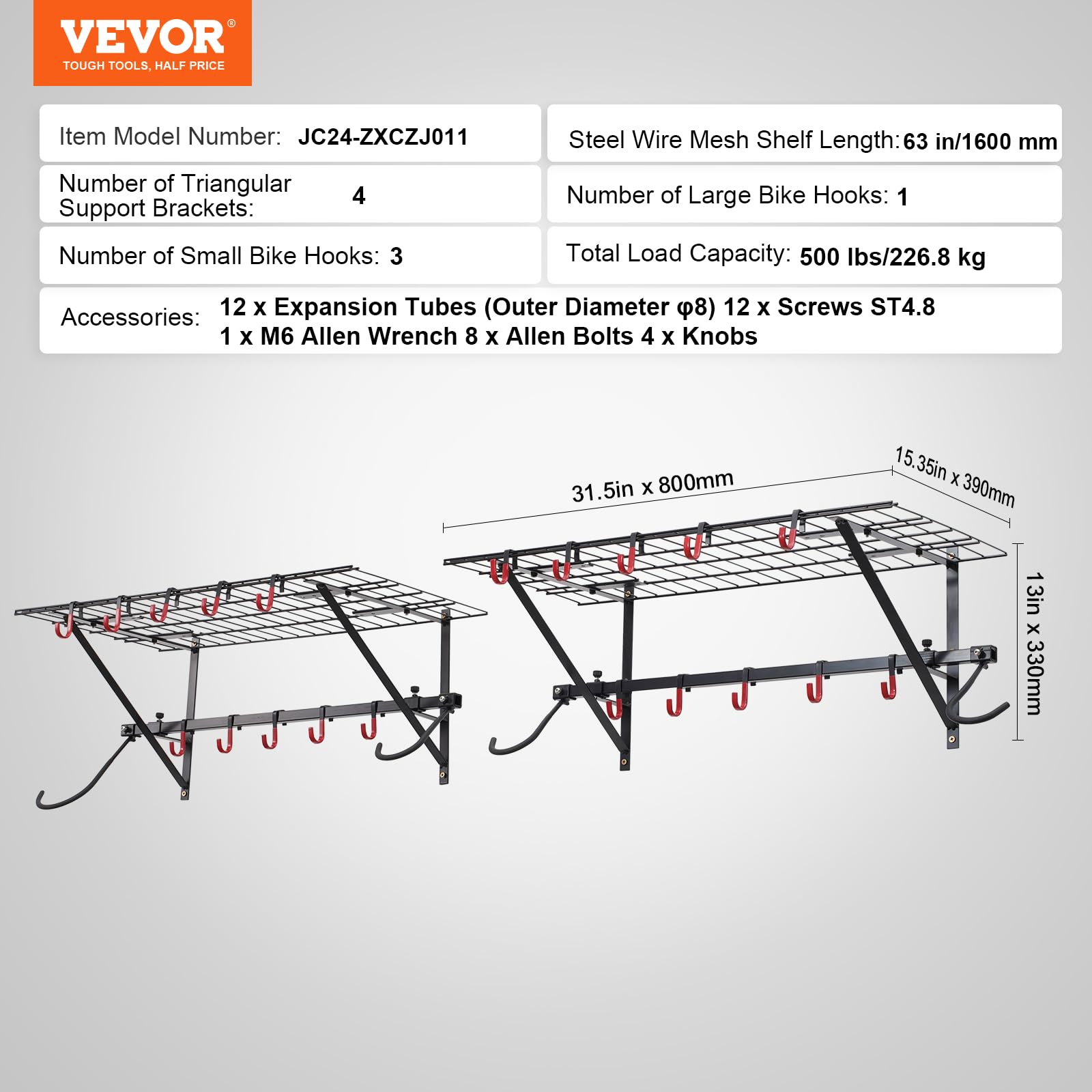 Vevor Bike Storage Rack Wall Mount Garage Bike Holder & 2 Shelves For 4 Bicycles