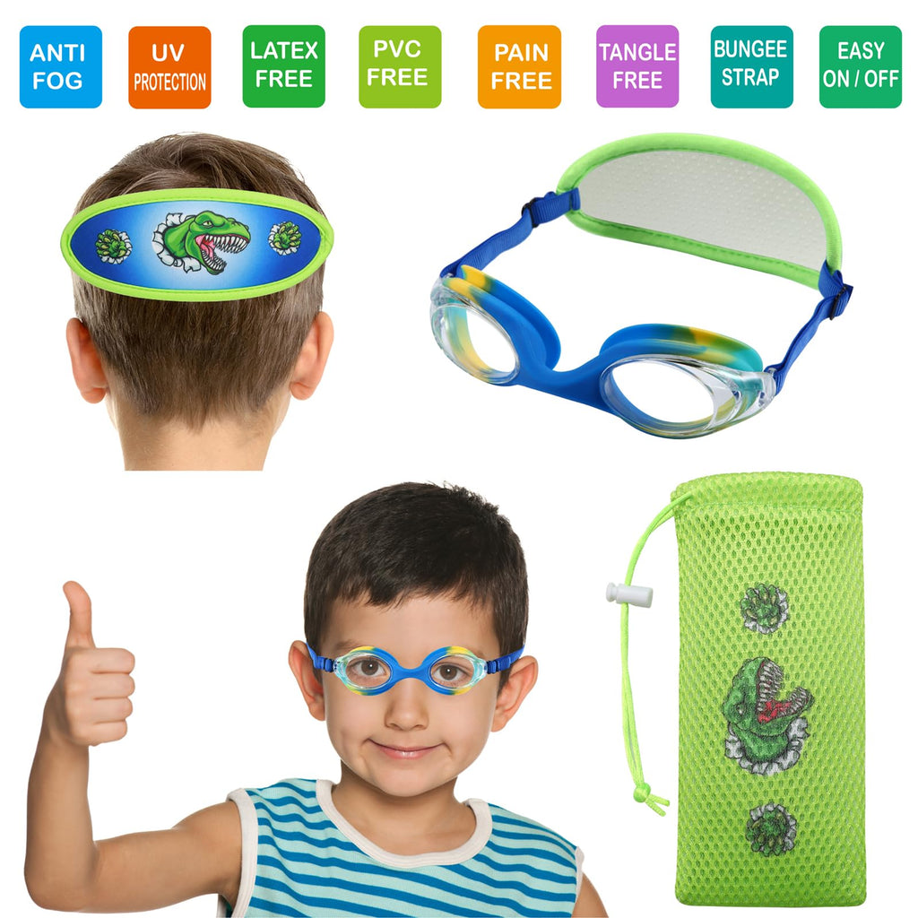 Ruigao Kids Swim Goggles Age 2-6, Toddler Goggles No Hair Pull,Child Goggles Padded Headband (2Pk Toddler - Dino & Dolphin)
