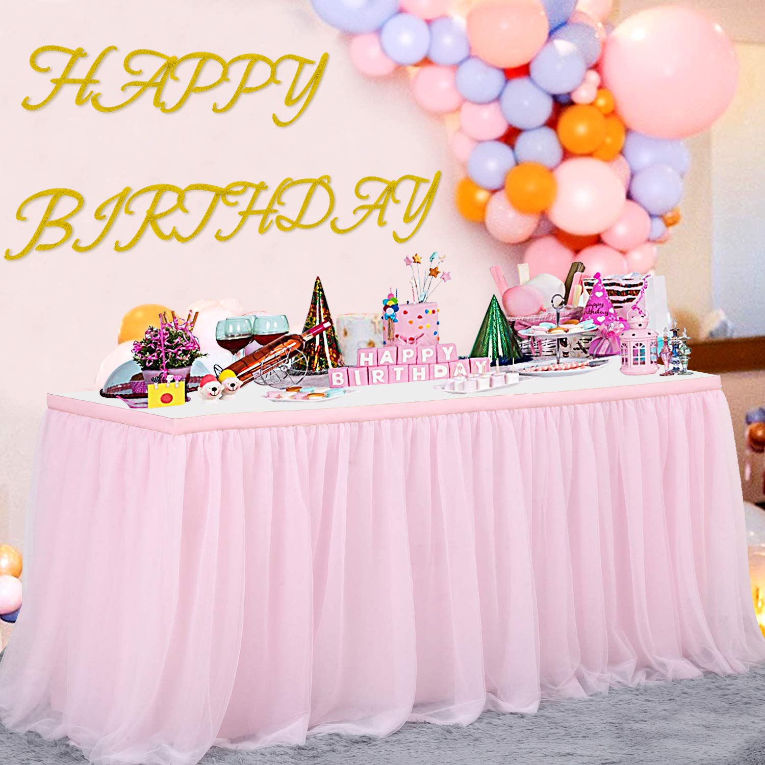 Nssonben 14Ft Pink Tulle Table Skirt Fluffy And Elegant Tutu Table Skirts For Wedding Birthday Party Baby Shower (L168Inah30In)