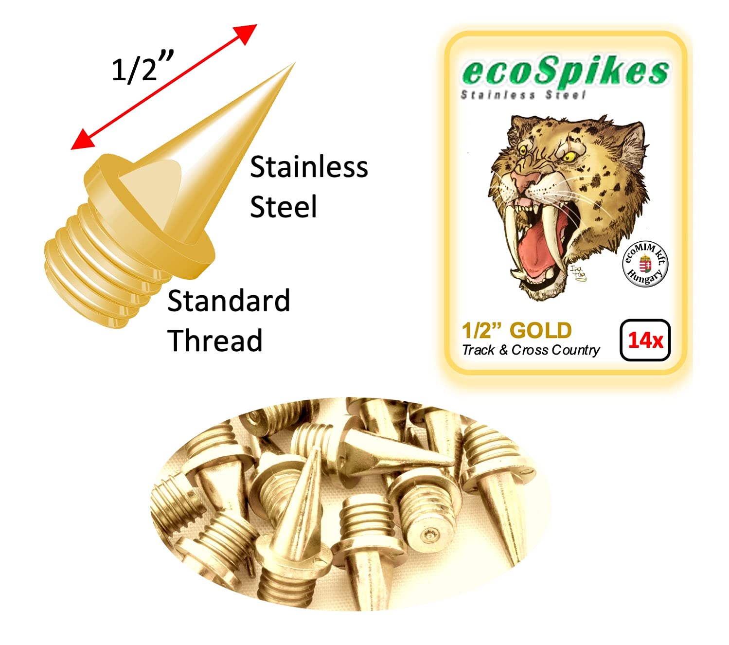 Ecospikes Stainless Steel Track And Cross Country Spikes (1/2 '' Gold, 14X)