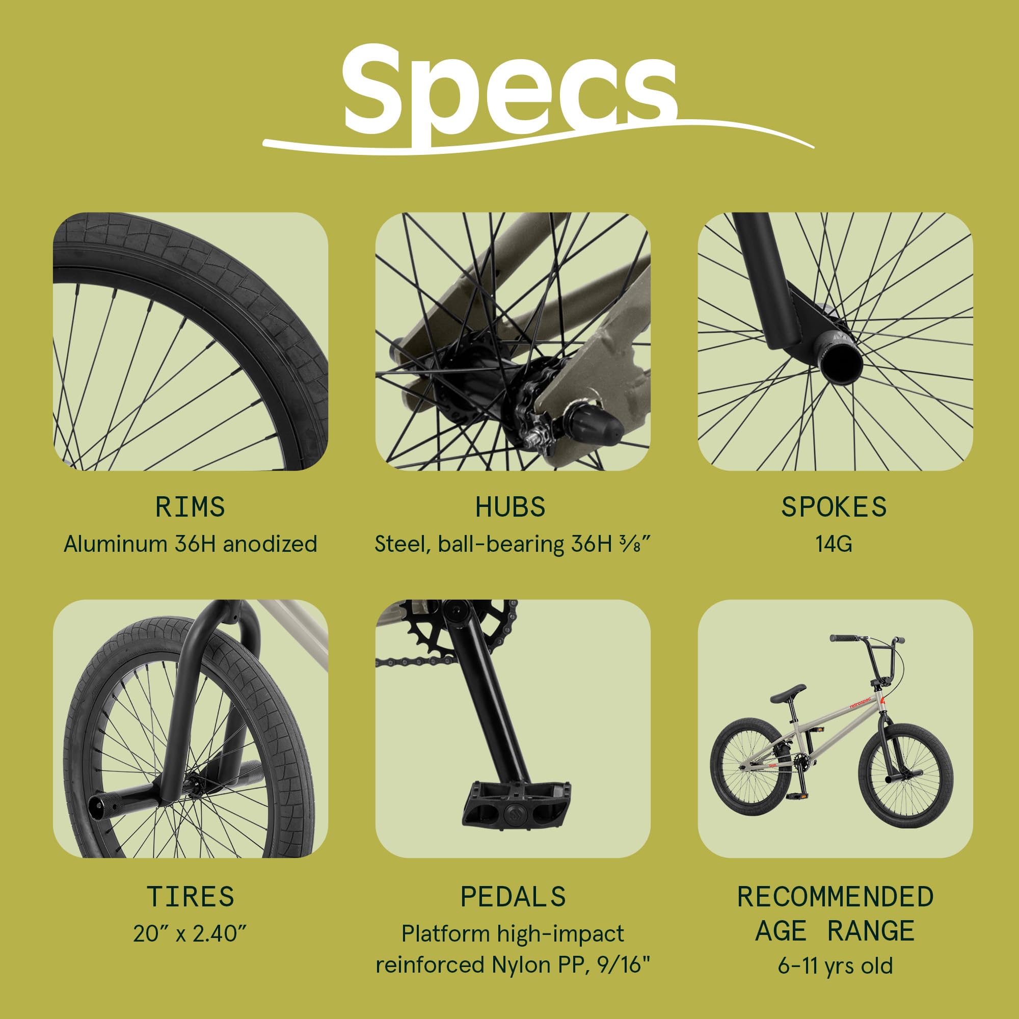 Retrospec Sesh BMX Bike for Kids - 20in Freestyle Bicycle with Pro-Level Features, Removable Axle Pegs & U-Brake - Durable Steel