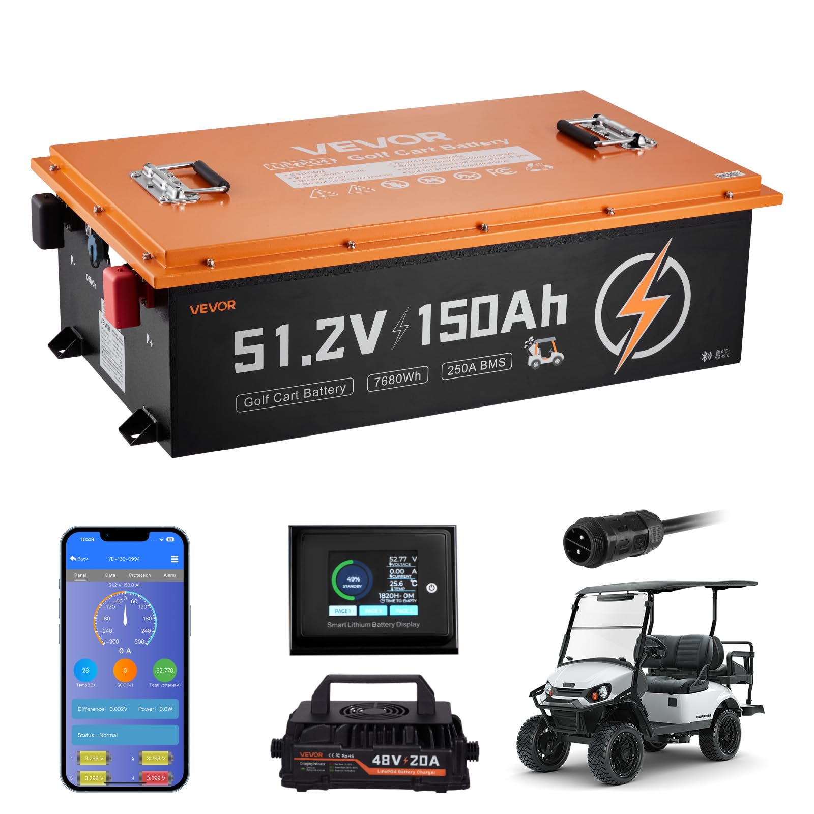 VEVOR 48V (51.2V) 150AH Lithium Golf Cart Battery, with 20A Charger, Lifepo4 Battery Kit, Built-in 250A BMS, with Bluetooth & To