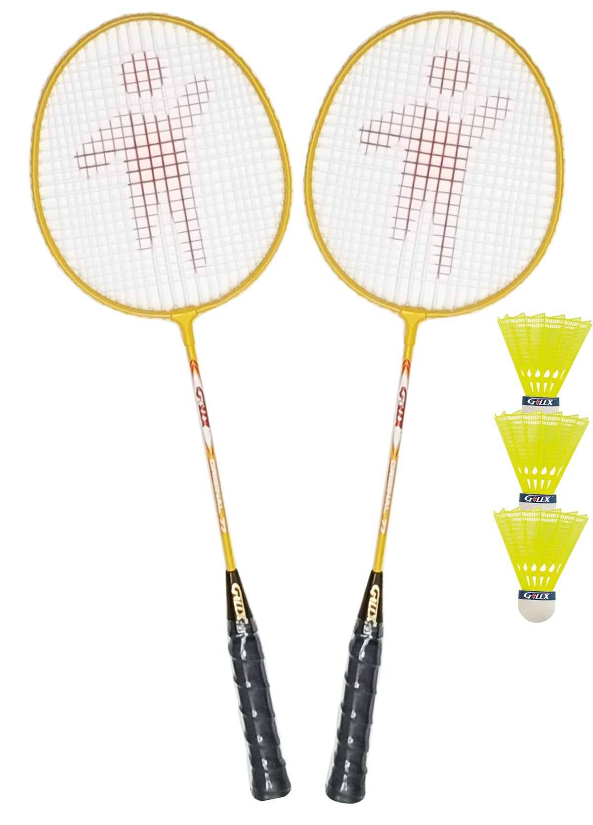 GILLX Badminton Rackets 2 Piece Wx 55 with 3 Nylon Shuttle Cocks for Adults & Kids, Yellow