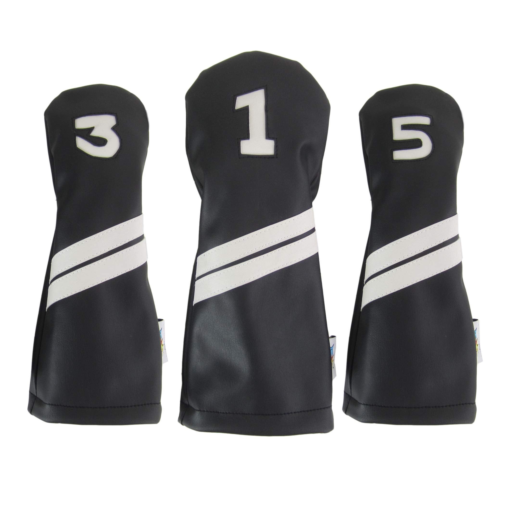 Sunfish Leather Golf Headcover Set 1-3-5 Driver 3 Wood 5 Wood Fairway Black And White