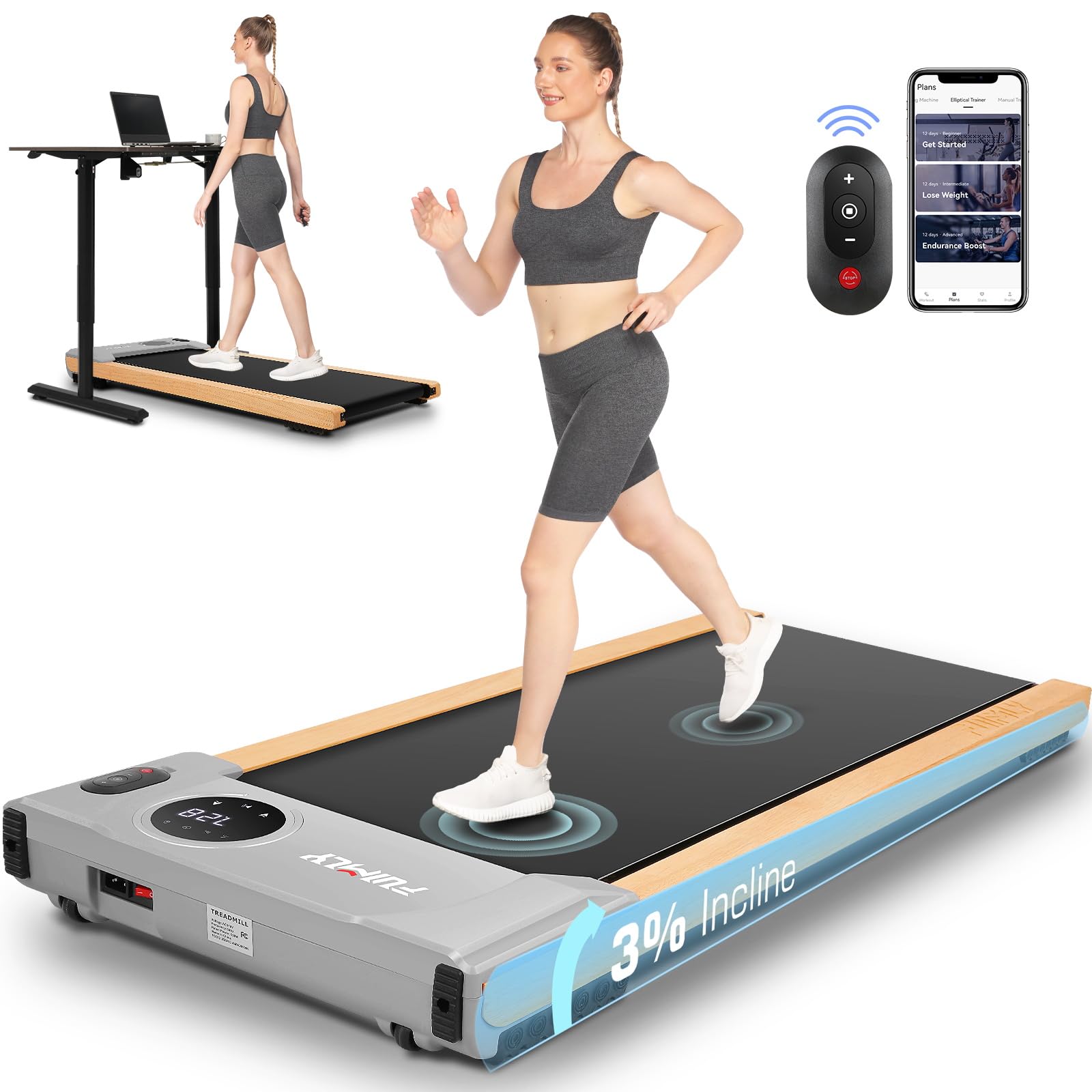 Funmily Walking Pad Treadmill With Incline,2.5Hp Brushless Wooden Under Desk Treadmill With Smart App,300 Lb Capacity,2 In 1 Por