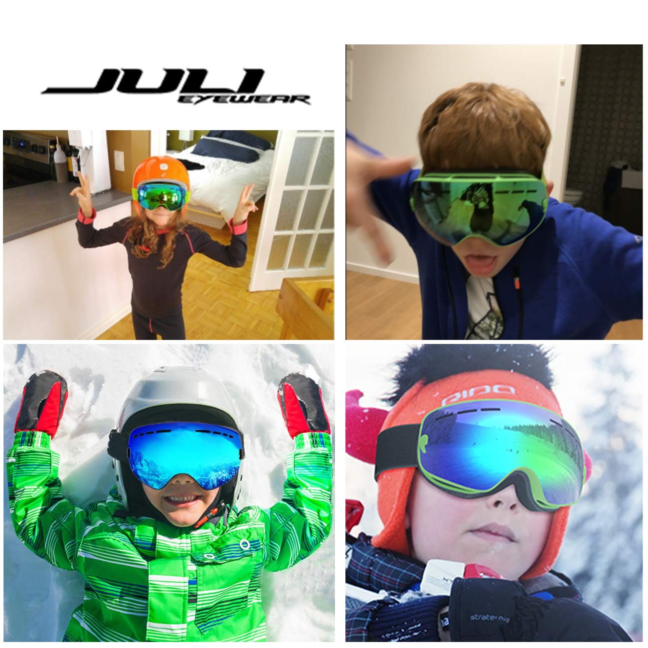 Juli Kids Ski Goggles,Interchangeable Double Layer Spherical Lens,Otg Anti-Fog Snowboard Skate Snow Goggles Age 4-16 4300(Green)