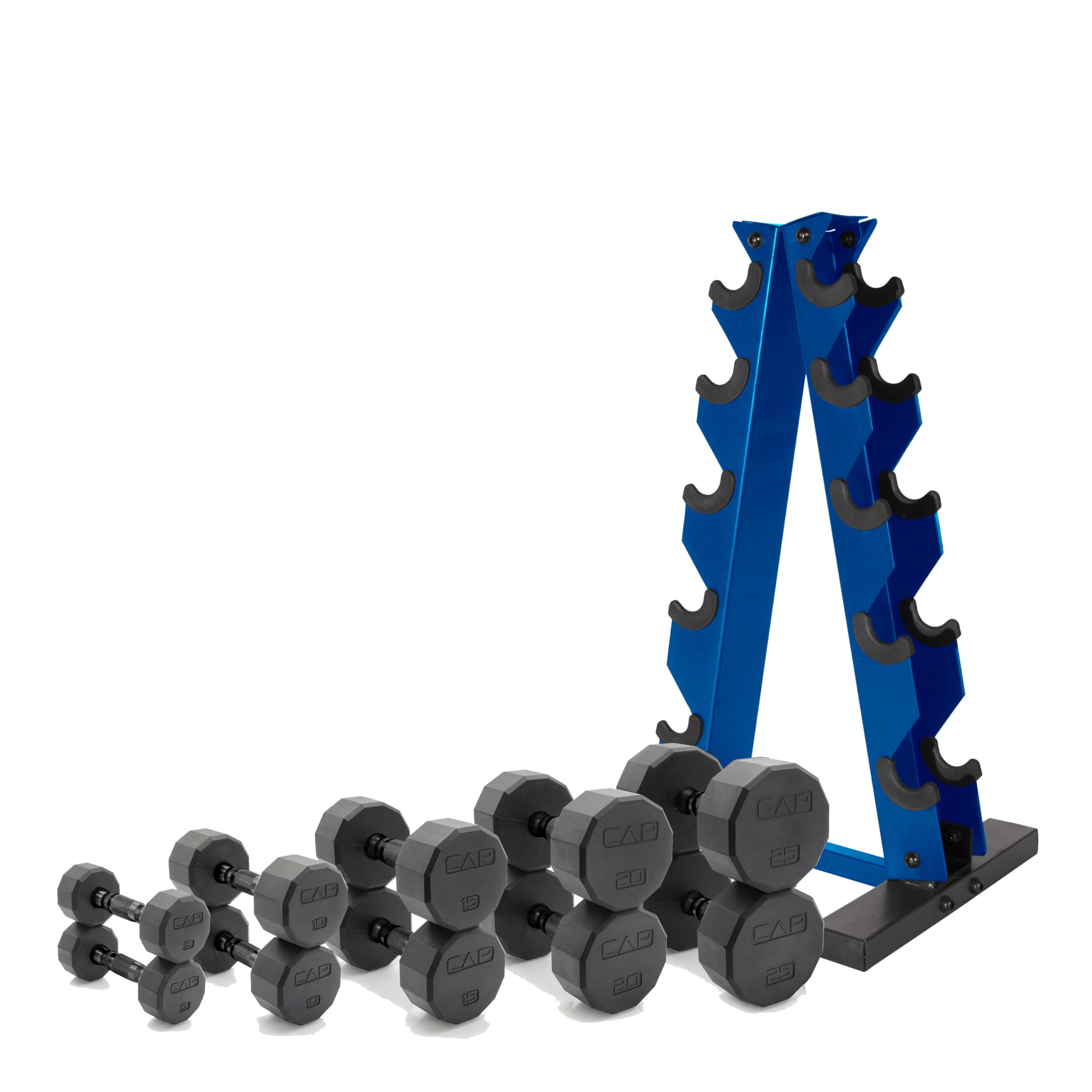 CAP Barbell 150 LB Black Handle Coated 12-Sided Dumbbell Set with Vertical Blue Rack