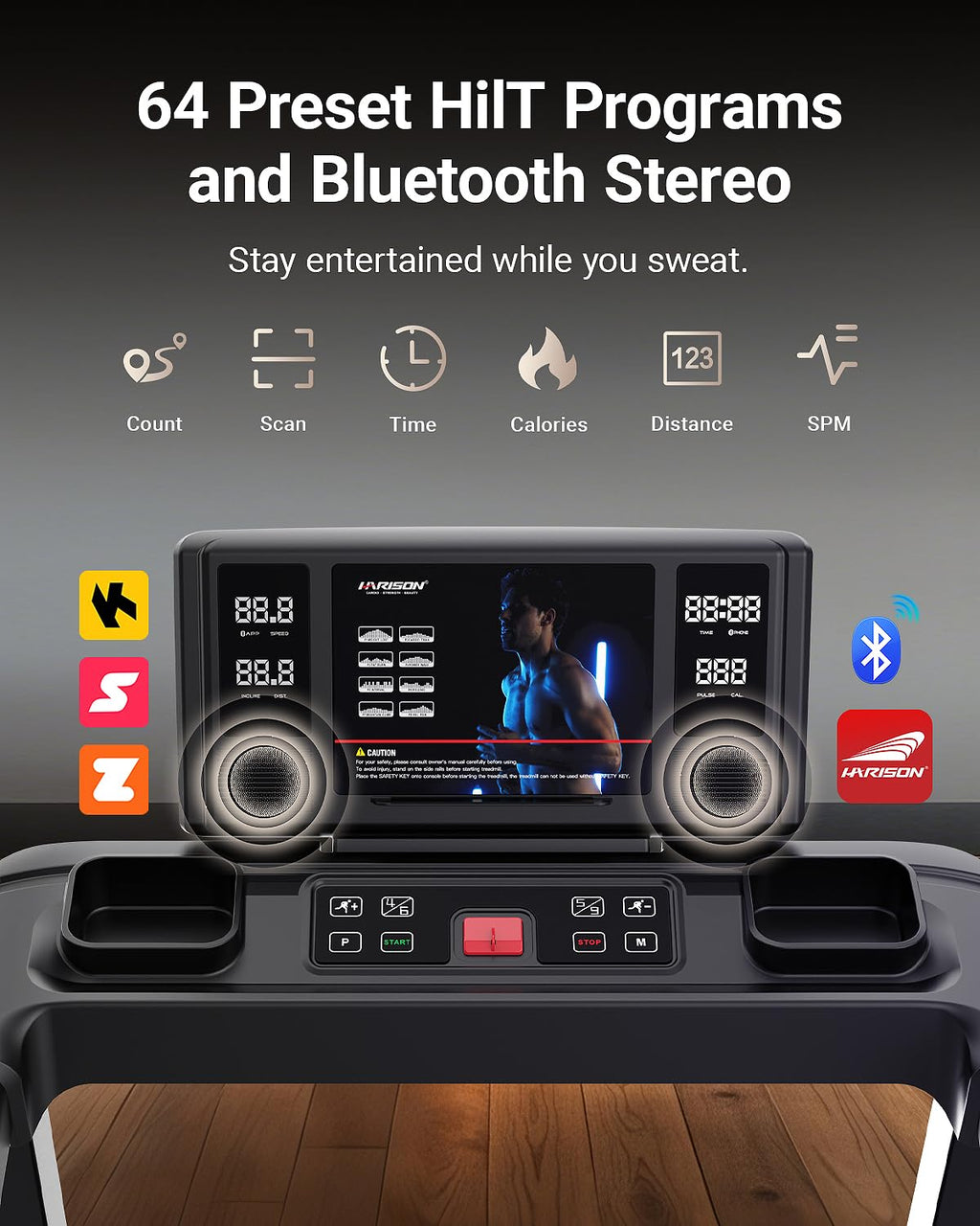 Harison Treadmill For Home With 3.0Hp Running Machine With 300 Lbs Weight Capacity, Bluetooth Speaker, 17.72 '' Wide Tread Belt