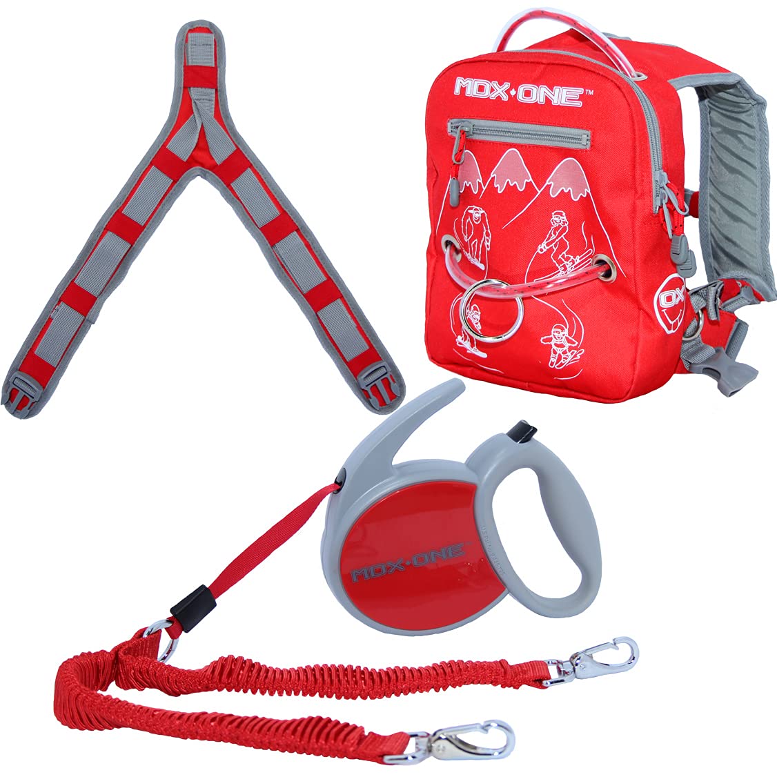 Mdxone Kids Snowboard Ski Harness Trainer With Retractable Leash And Absorb Bungees (Red) Winter 21-22 Yetis Logos