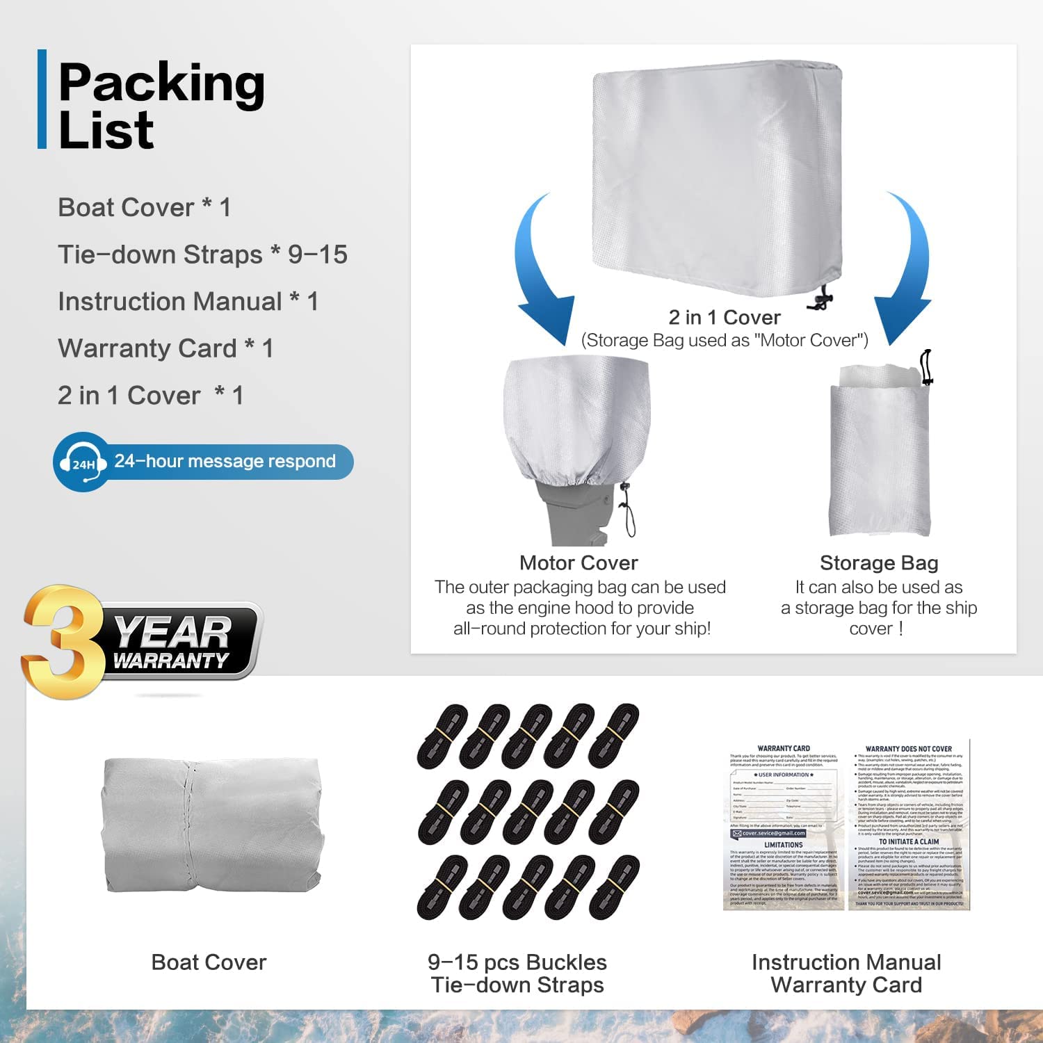 Vinpatio Boat Cover With Motor Cover, 20-22 Ft Heavy Duty 100% Waterproof Boat Covers Marine Grade Bass Boat Cover Fits V-Hull R