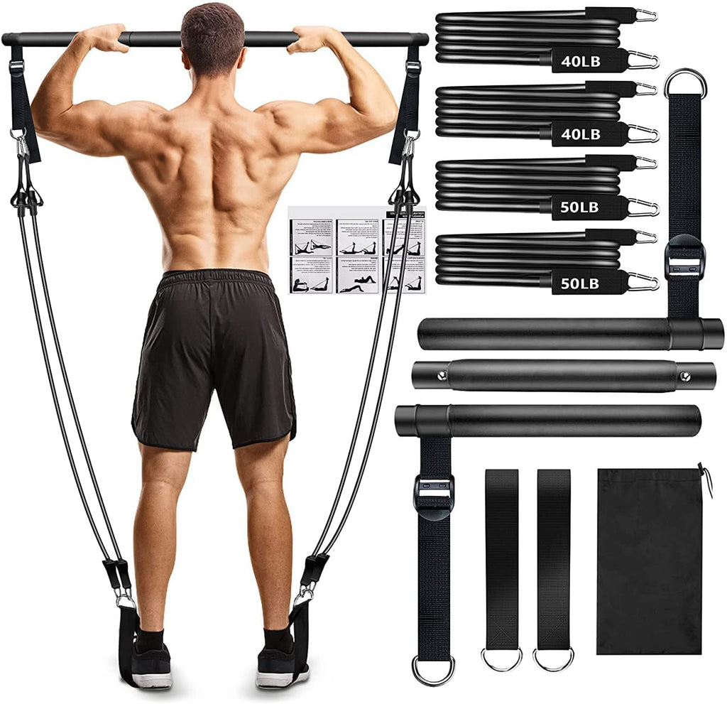Pilates Bar Kit with Resistance Bands, Adjustable 3-Section Pilates Bar with Stackable Bands Workout Equipment for Legs,Hip,Wais