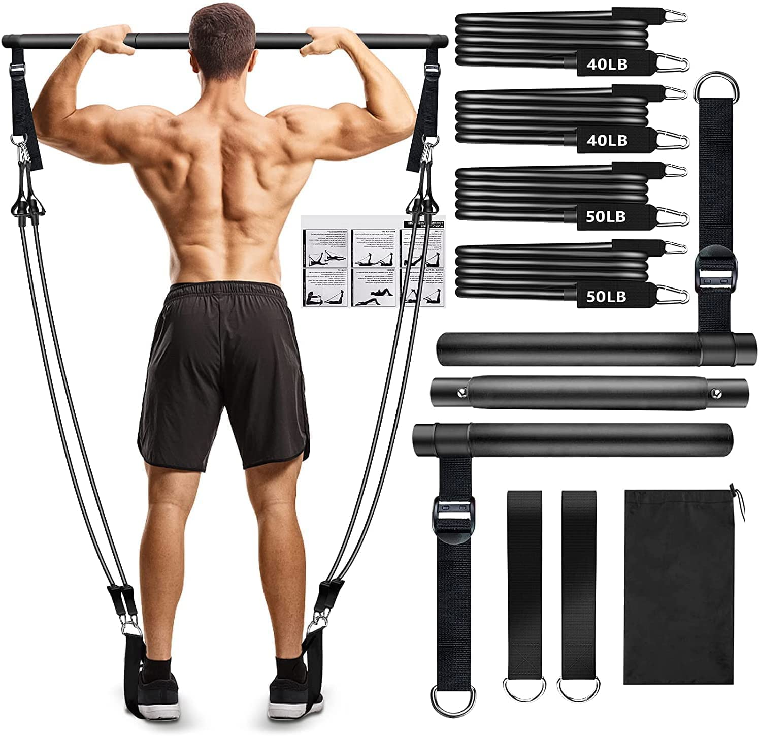 Pilates Bar Kit with Resistance Bands, Adjustable 3-Section Pilates Bar with Stackable Bands Workout Equipment for Legs,Hip,Wais