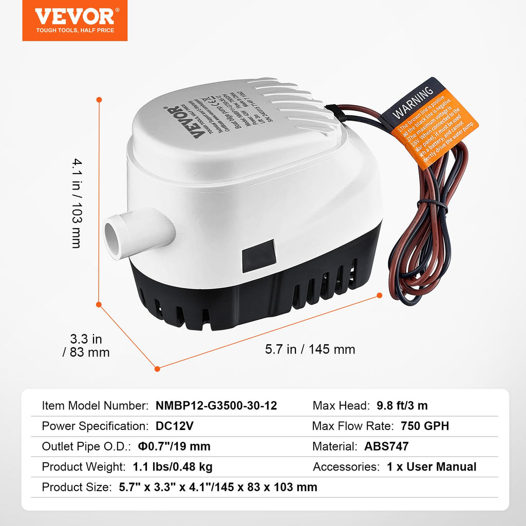 Vevor Bilge Pump, 750Gph 12V Automatic Submersible Boat Bilge Water Pump With Float Switch, 0.7'' Outlet Diameter, Small Boat Bi