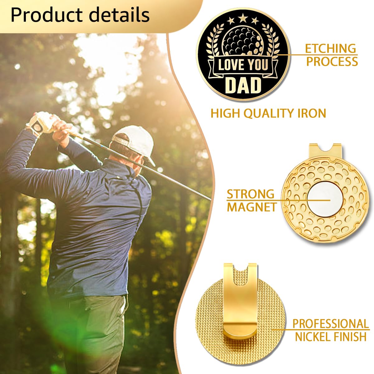 Geygie I Love You Dad Black Gold Golf Ball Marker With Magnetic Hat Clip, Golf Accessories For Men, Golf Gift For Dad From Son D