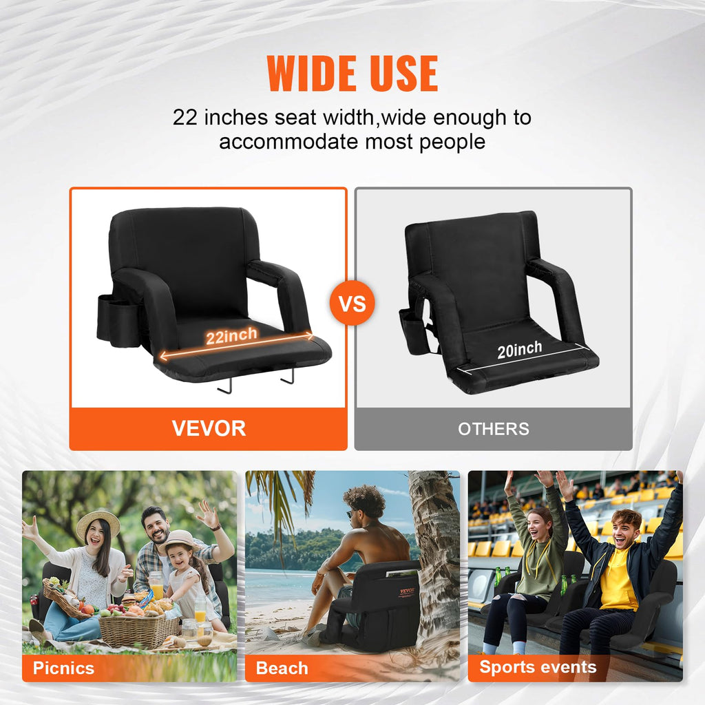Vevor Stadium Seat With Back Support, Wide Bleacher Seat Back, Folding Padded Cushion Stadium Chair, Portable Reclining Chair Wi