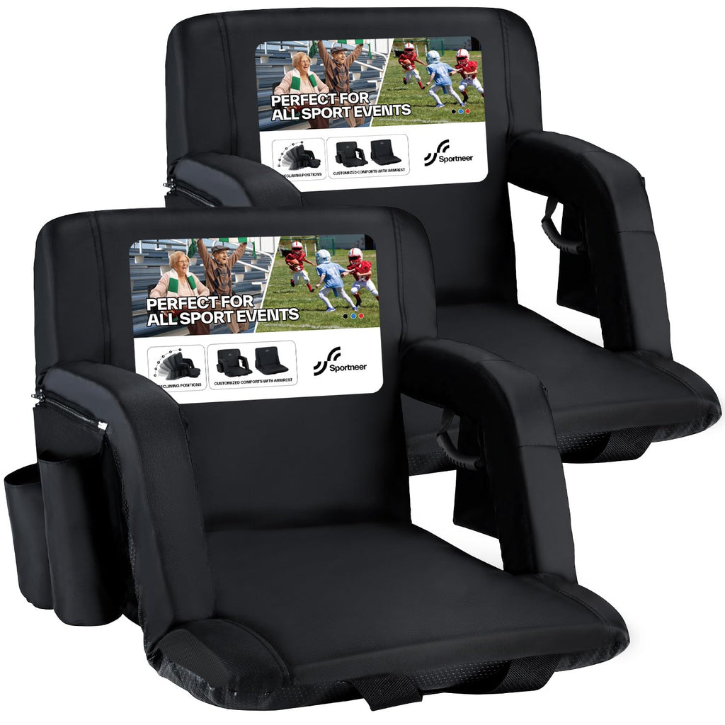 Sportneer Stadium Seats with Back Support: 2.5 Thick Comfy Cushion 6 Adjustable Angle Bleacher Seat with Armrest - 2 Large Poc