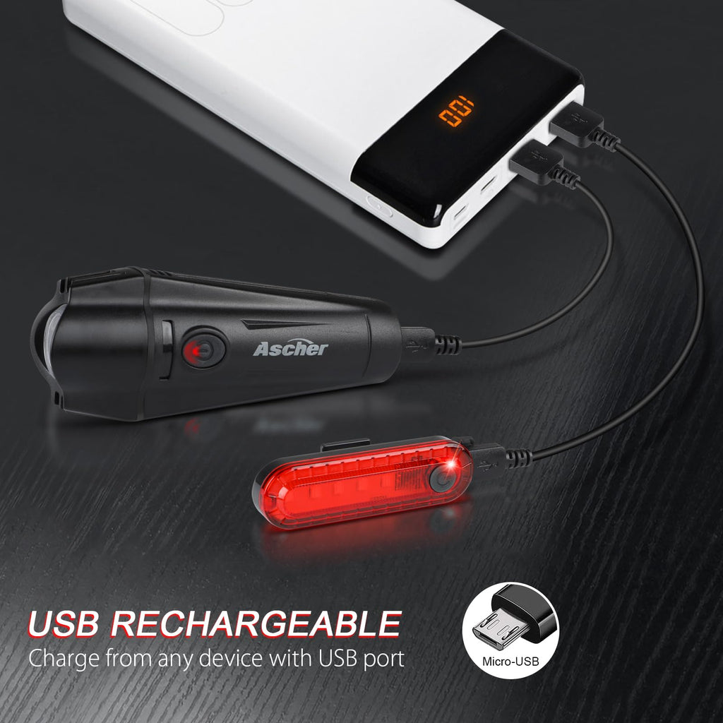 Ascher Ultra Bright Usb Rechargeable Bike Light Set, Powerful Bicycle Front Headlight And Back Taillight, 4 Light Modes, Easy To