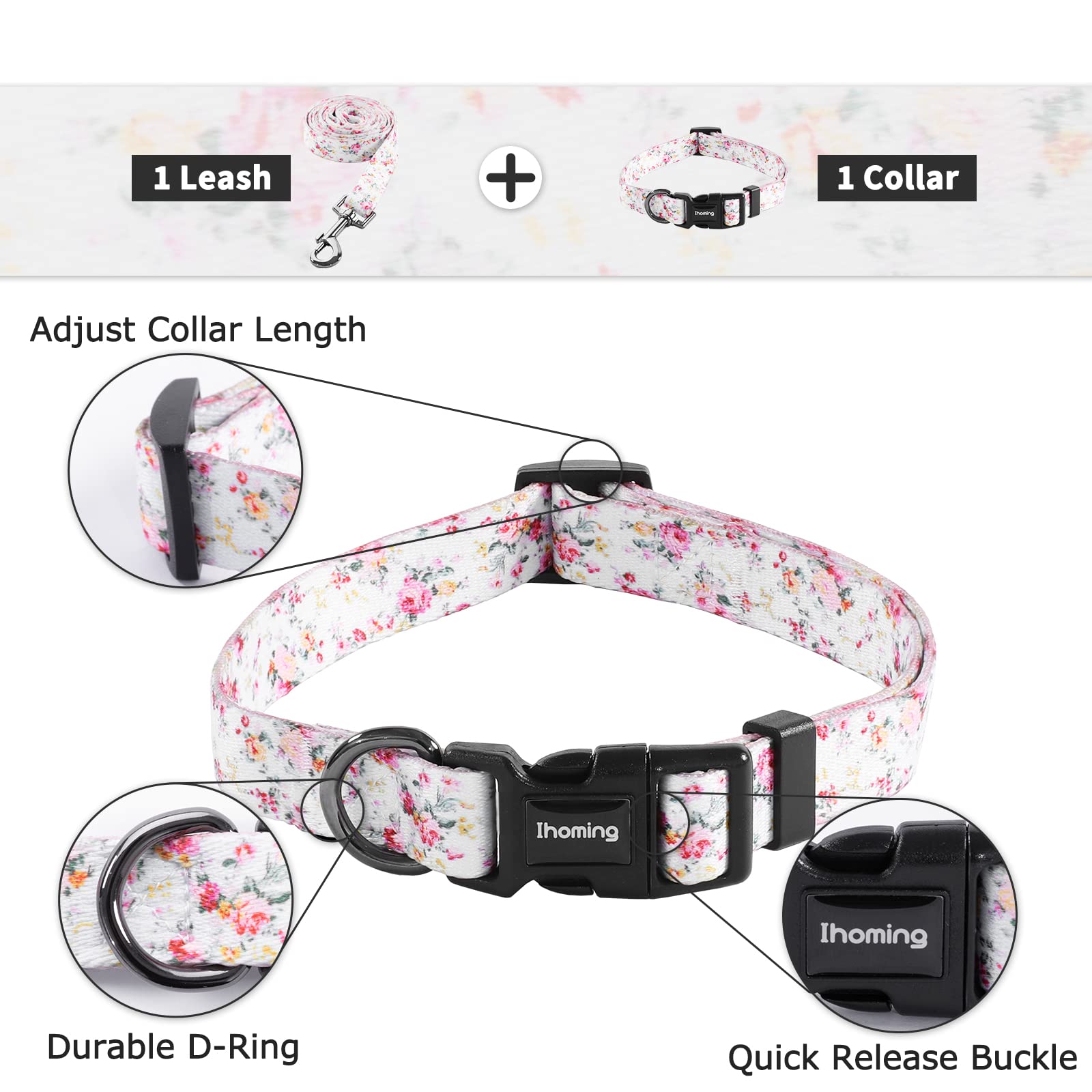 Ihoming Dog Collar And Leash Set For Daily Outdoor Walking Running Training, Floral Sky Design For Small Boys Girls Dogs Cats Pe