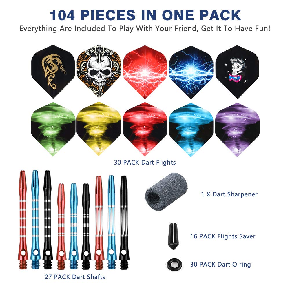 Tezoro Dart Accessories Kit Including Aluminum Dart Shafts,Dart Flights, Flight Savers, Sharpener, O-Rings -Bulk Pack Of 104 Pie
