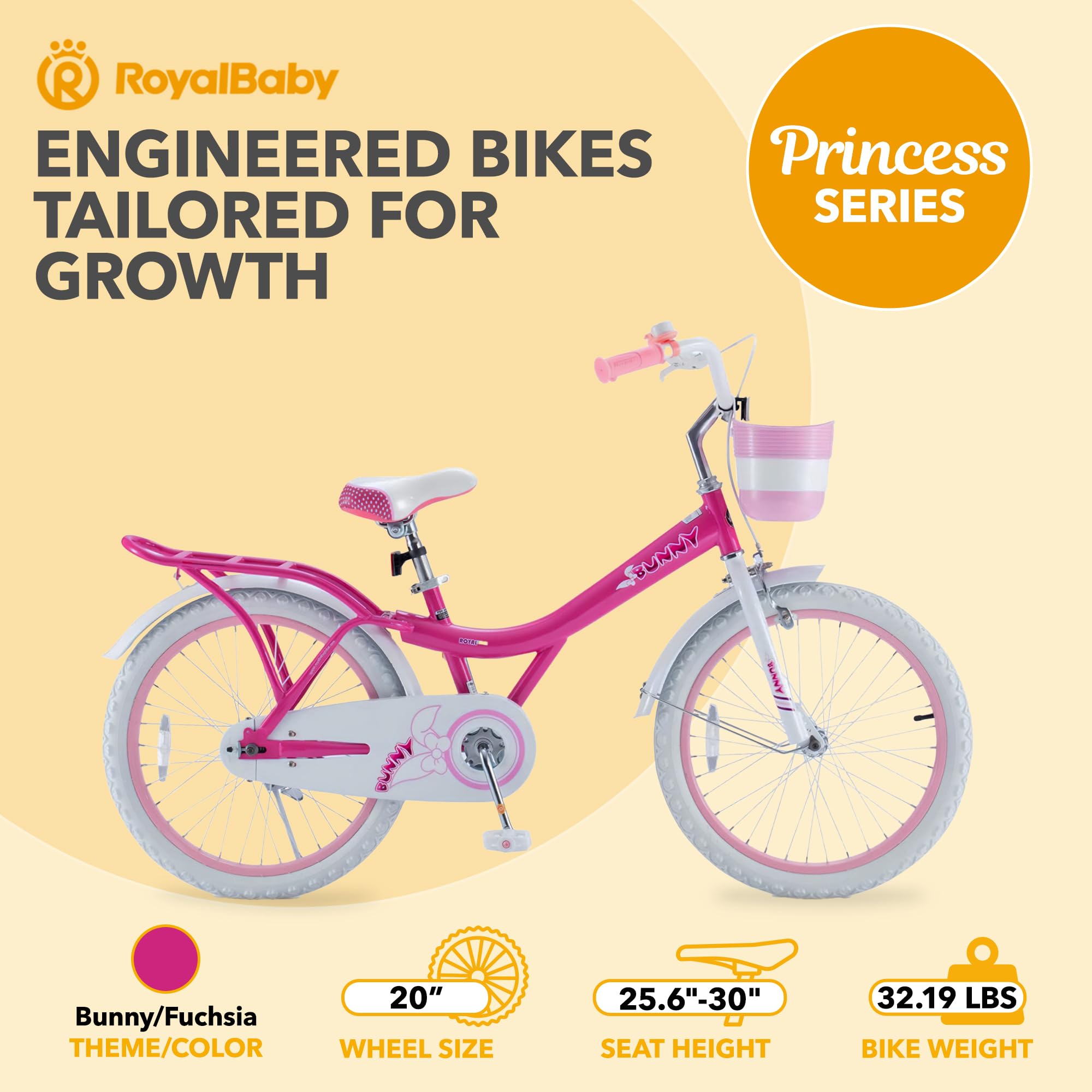 Royalbaby Princess Girl Children'S Bicycle Outdoor Ride-On Bike With Kickstand, Adjustable Seat, And Basket, 20 Inch, Bunny/Fuch