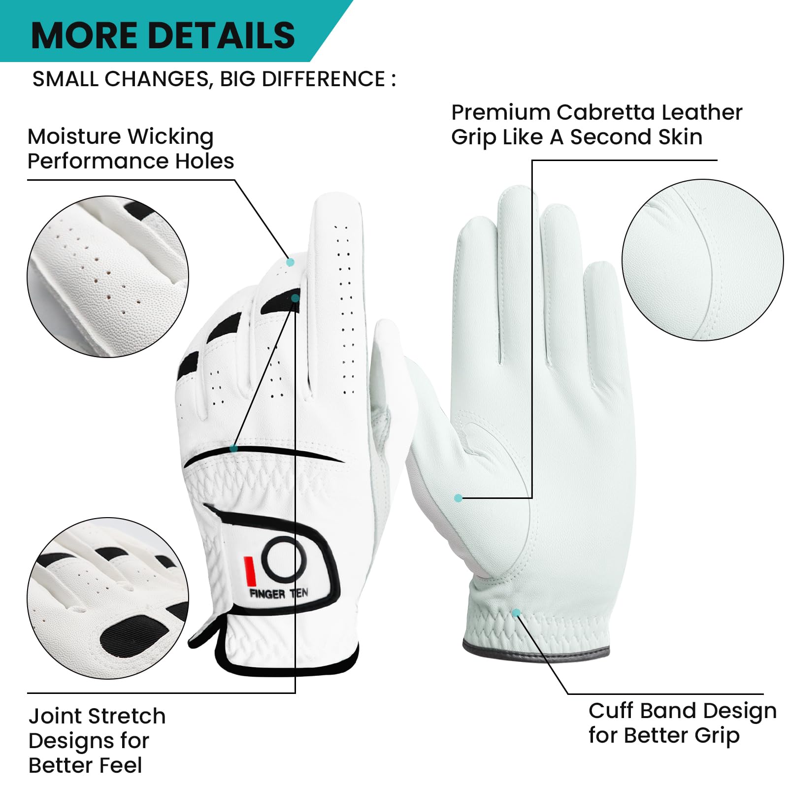 Finger Ten Golf Gloves Men Right Left Handed Golfer Men? Golf Glove Left Right Hand Value 3 Pack, All Weather Leather Grip Small