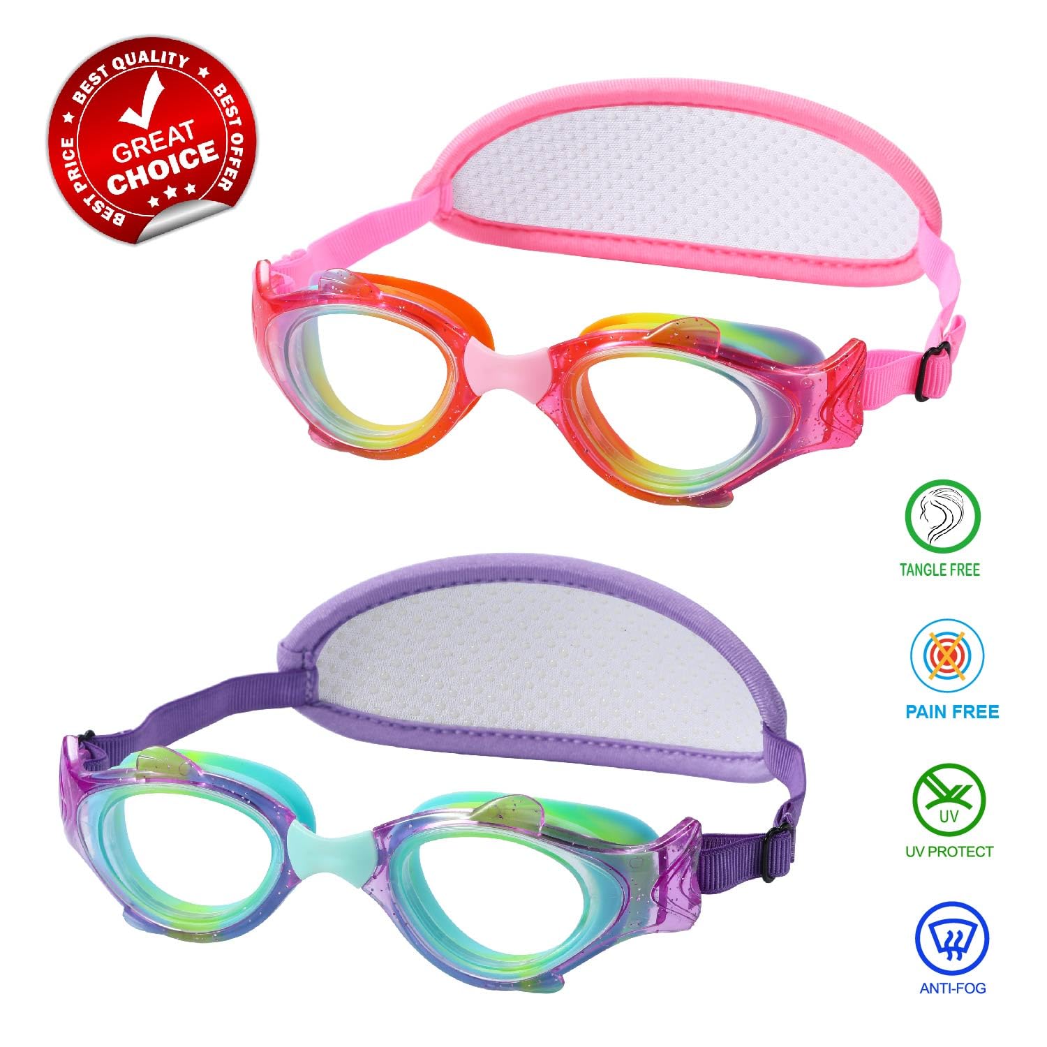 RUIGAO Kids Swim Goggles Age 2-6, Toddler Goggles No Hair Pull,UV Protection/Anti Fog/Padded HeadBand (2PK Fish - Rainbow & Blue