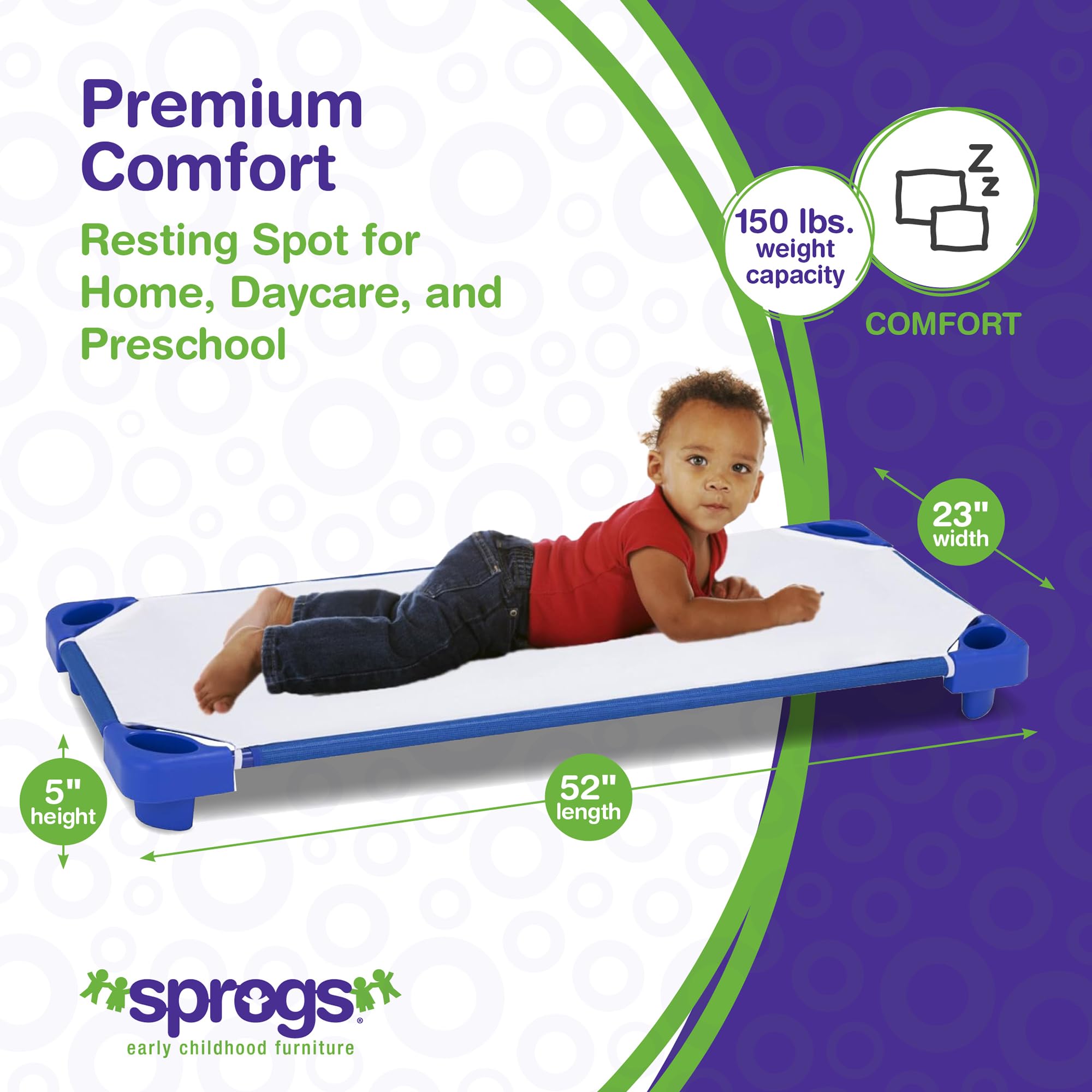 Sprogs Heavy Duty Childrens Standard 52''L Stackable Daycare Cots For Preschool Kids Sleeping, Resting, And Naptime, Spg-021-5,