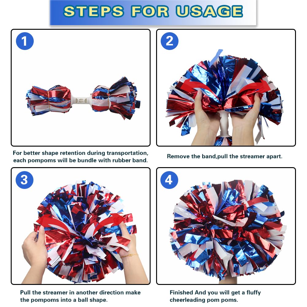 Lovecheer 2Pcs Pom Poms Cheerleading Blue And Red And White Metallic Cheer Pom Poms With Baton Handle For Sports Team Spirit Par