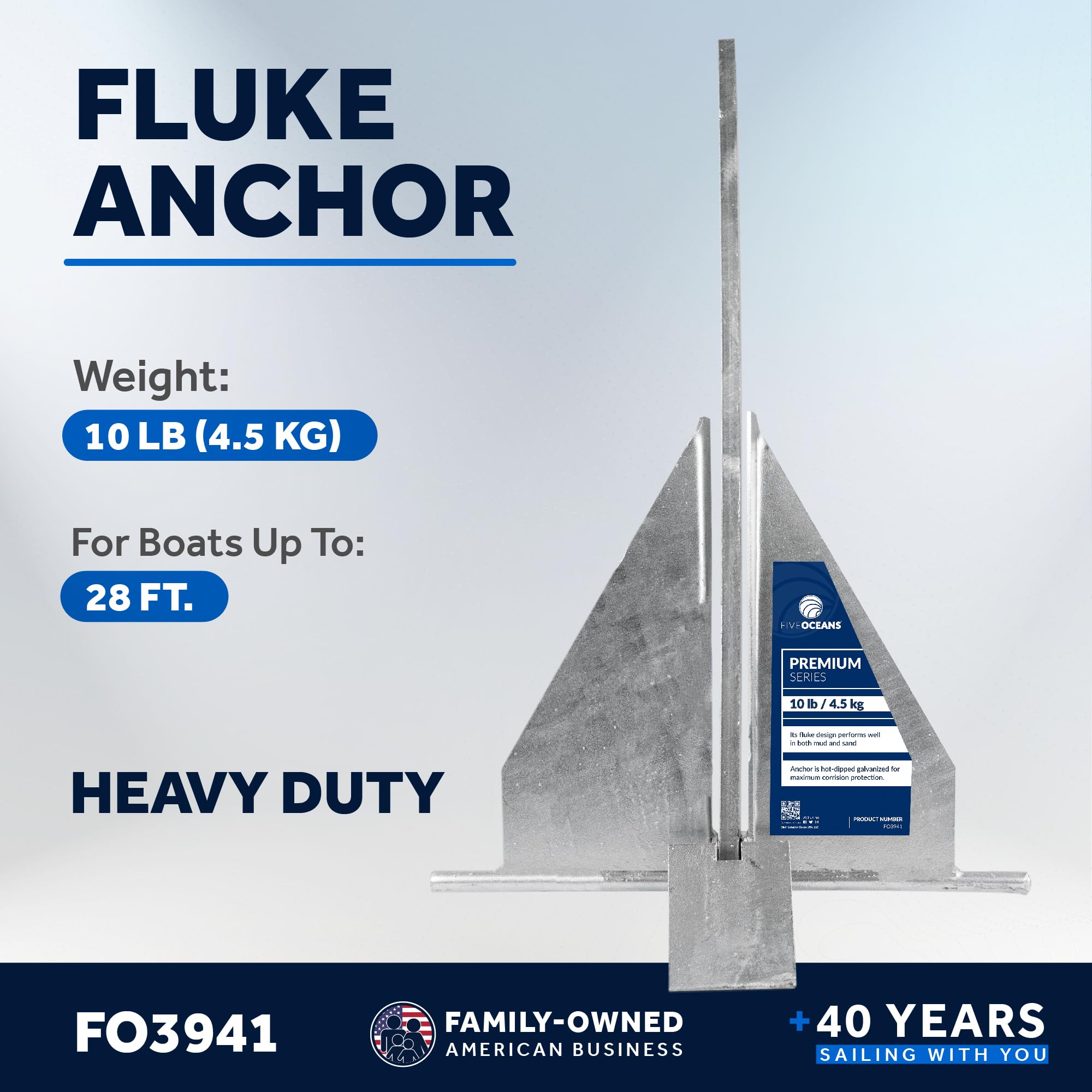 Five Oceans Boat Anchor - Fluke Anchor, 10 Lb, Galvanized Steel Boat Anchors, For Pontoon, Dinghies, Fishing Boats, Bass Boats,